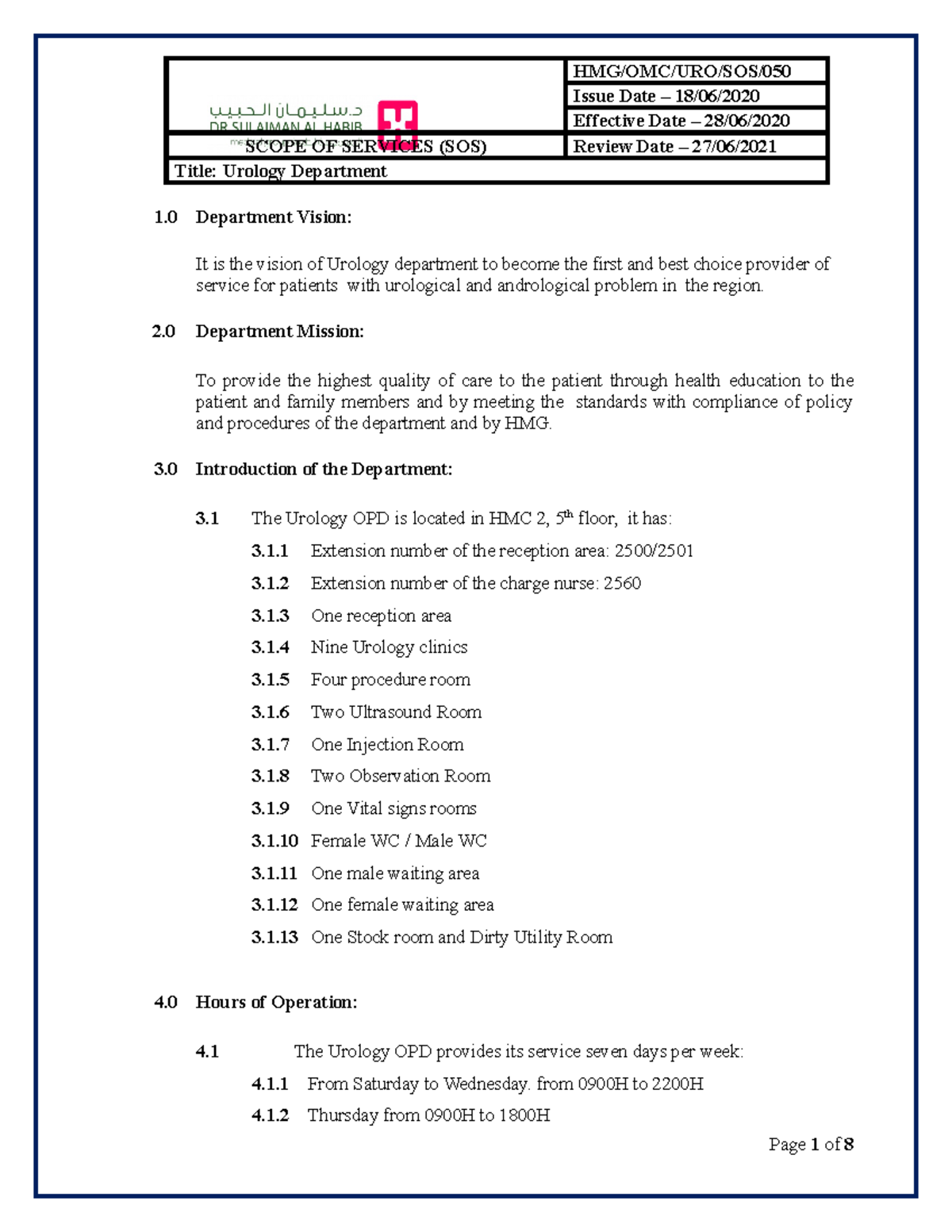 SOS 050 Urology - Sample Hospital Scope of Service - Issue Date – 18/06 ...