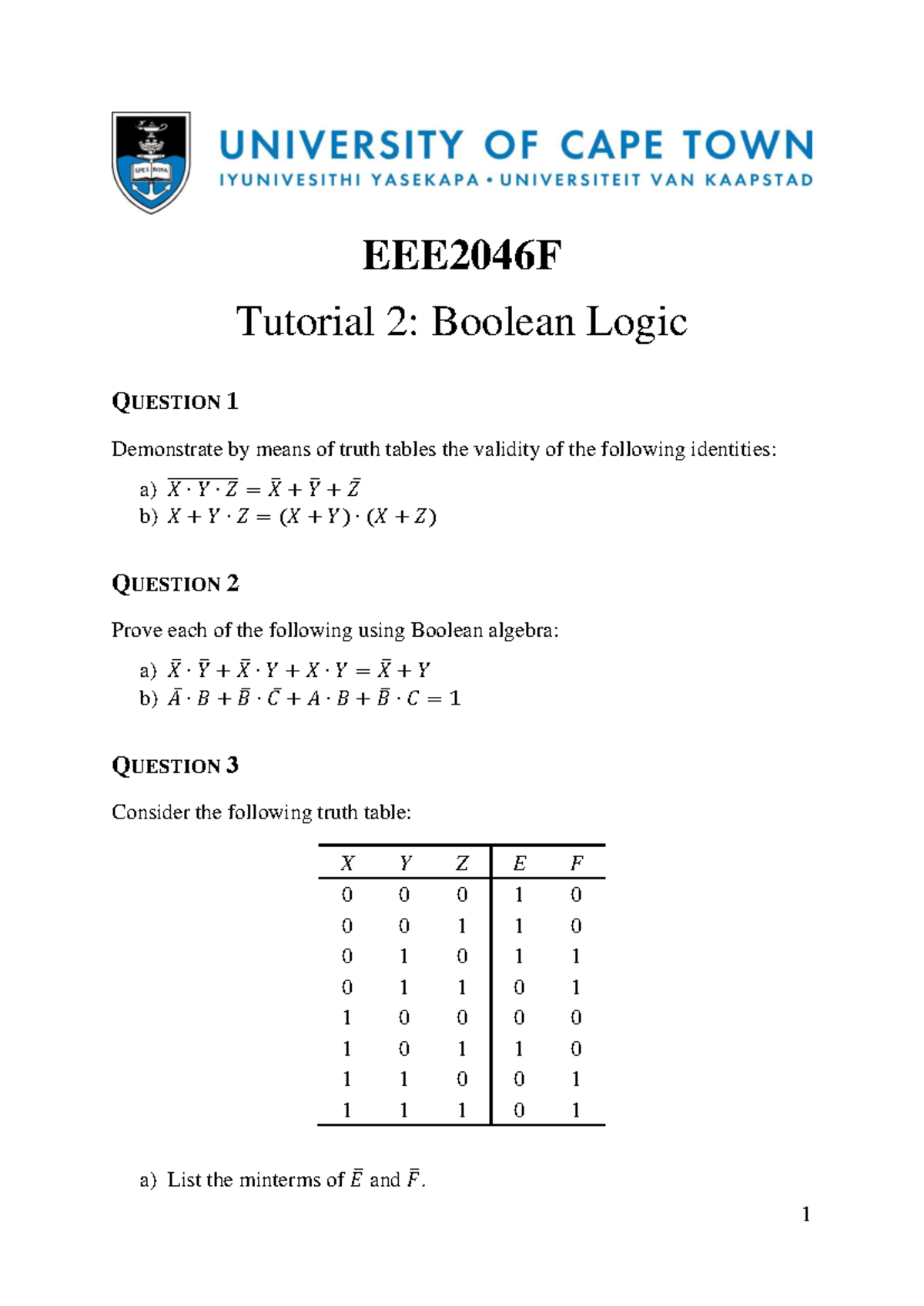 EEE2046F Tutorial 02 - 1 EEE2046F Tutorial 2: Boolean Logic QUESTION 1 ...