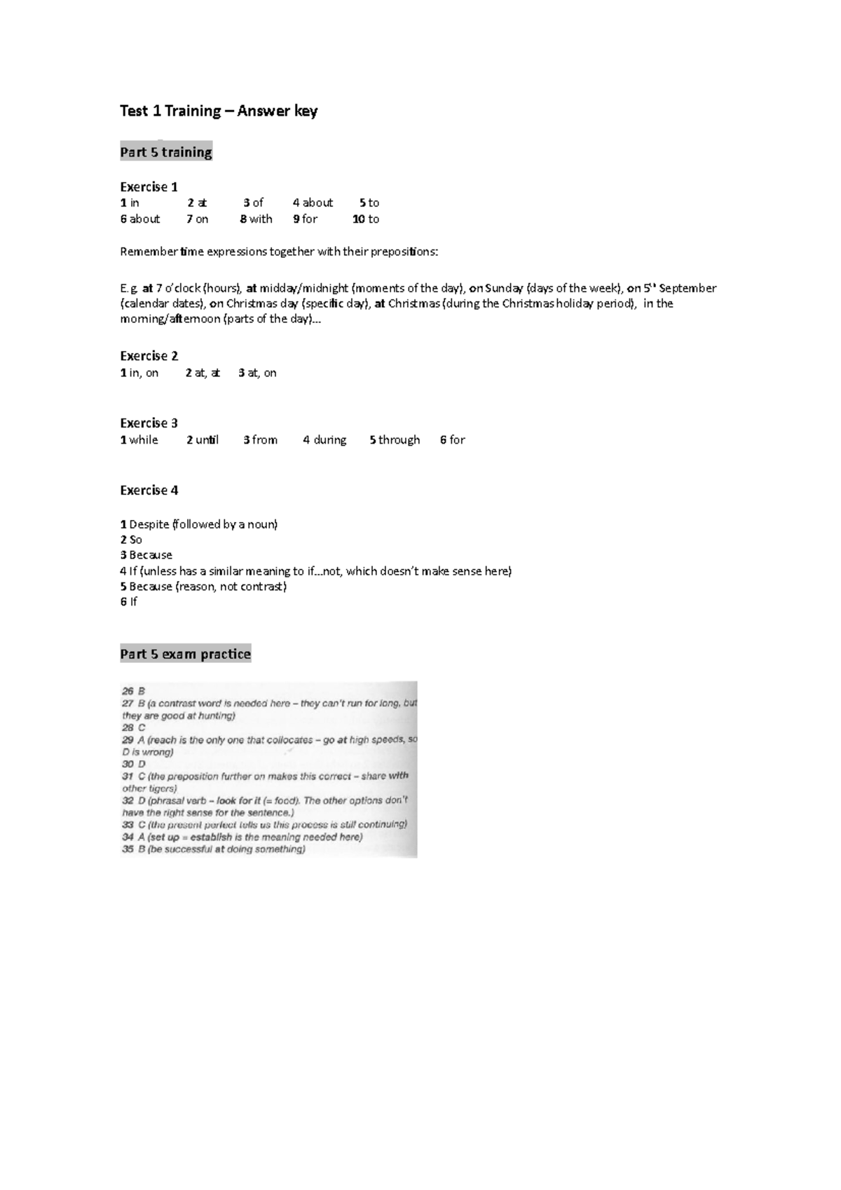 Reading test1 part5 answerkey Test 1 Training Answer key Part 5