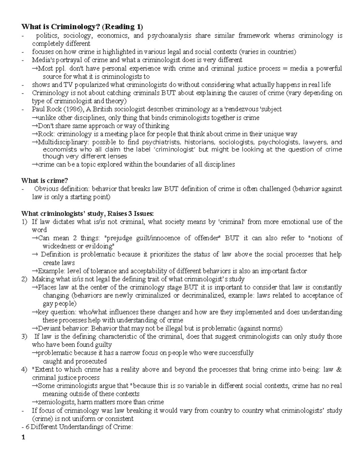 Reading 1-4 Notes - What is Criminology? (Reading 1) politics ...