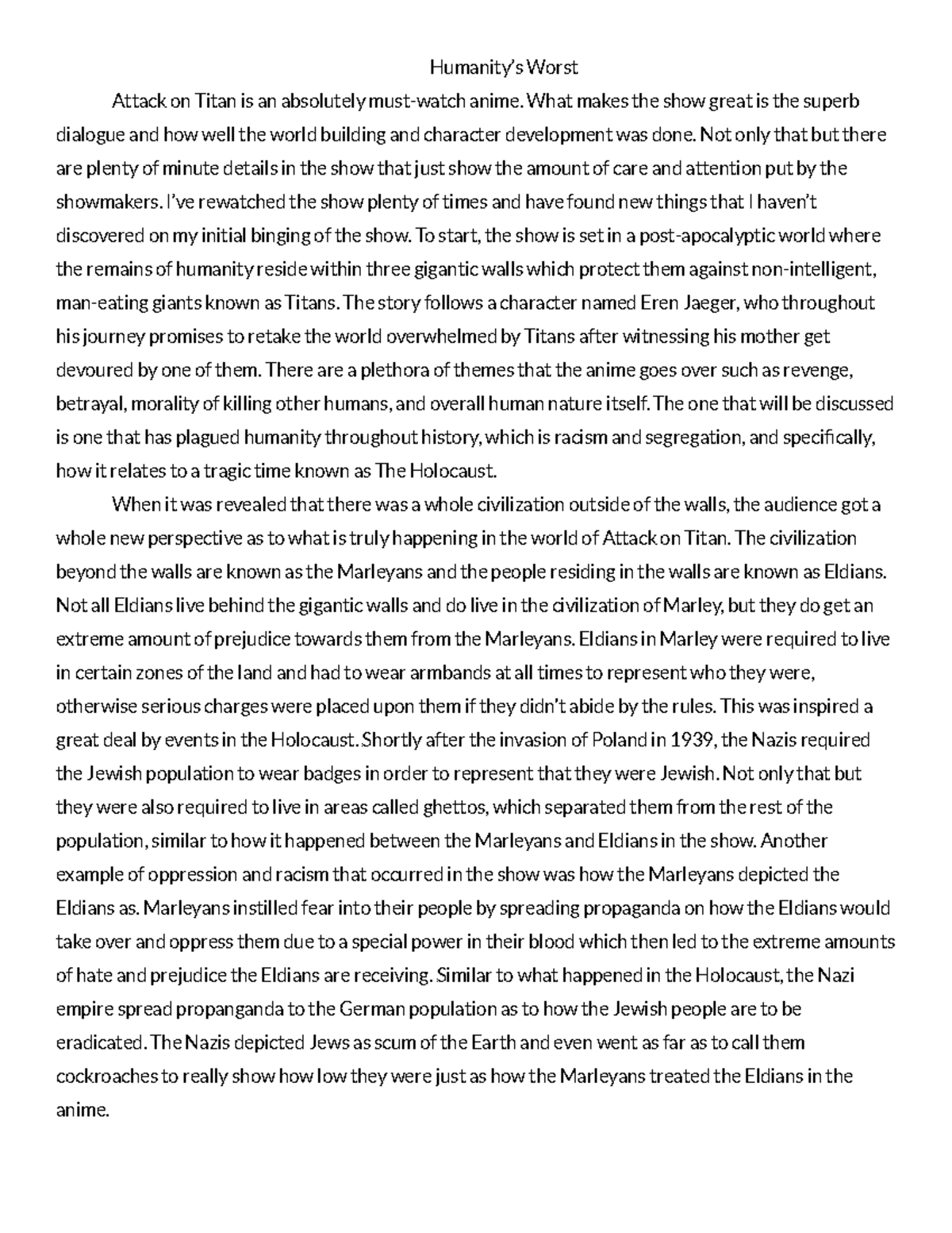 Creative Writing Piece - Humanity’s Worst Attack on Titan is an ...