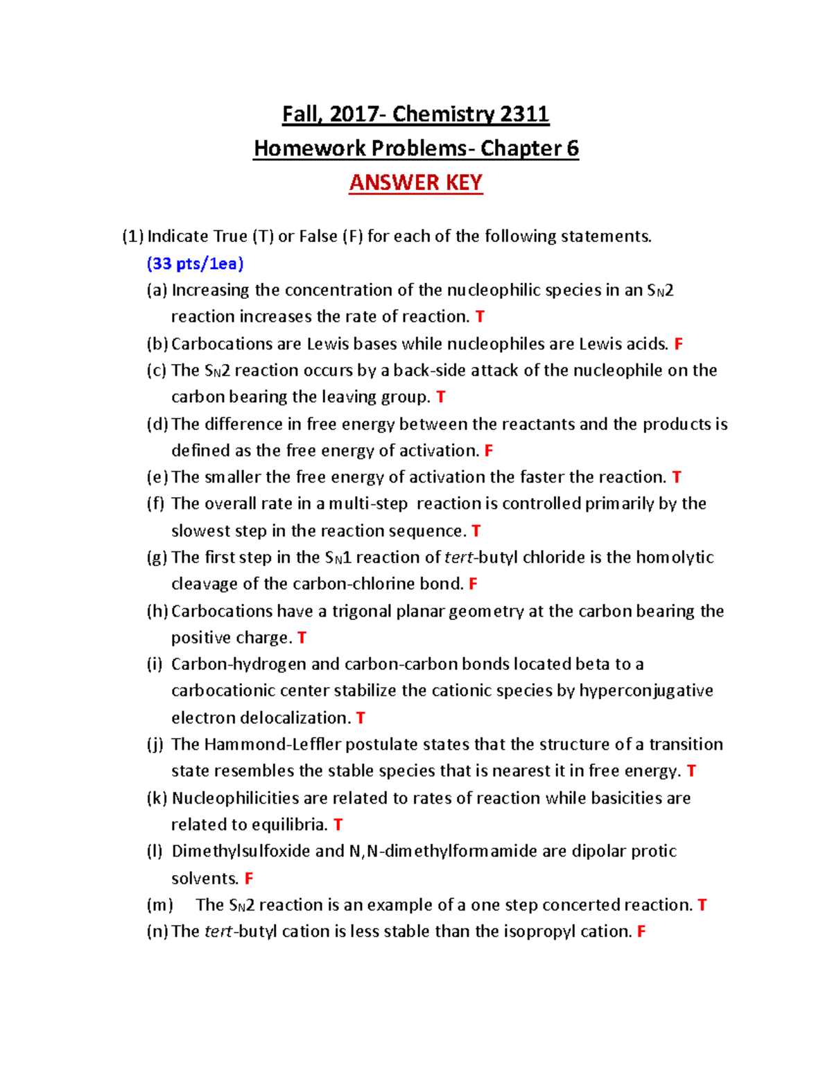 Chapter 6 Homework - Fall, Chemistry 2311 Homework Chapter 6 ANSWER KEY ...