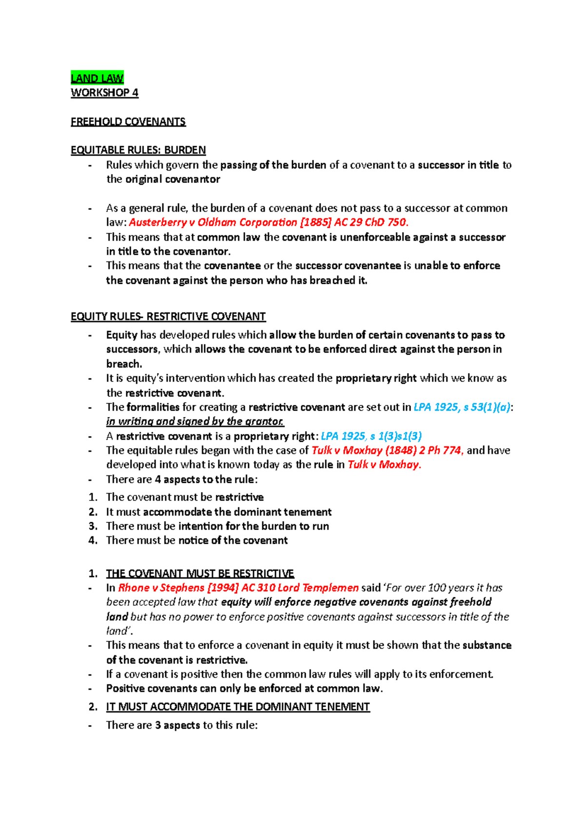 Equitable Rules Burden LAND LAW 4 FREEHOLD COVENANTS