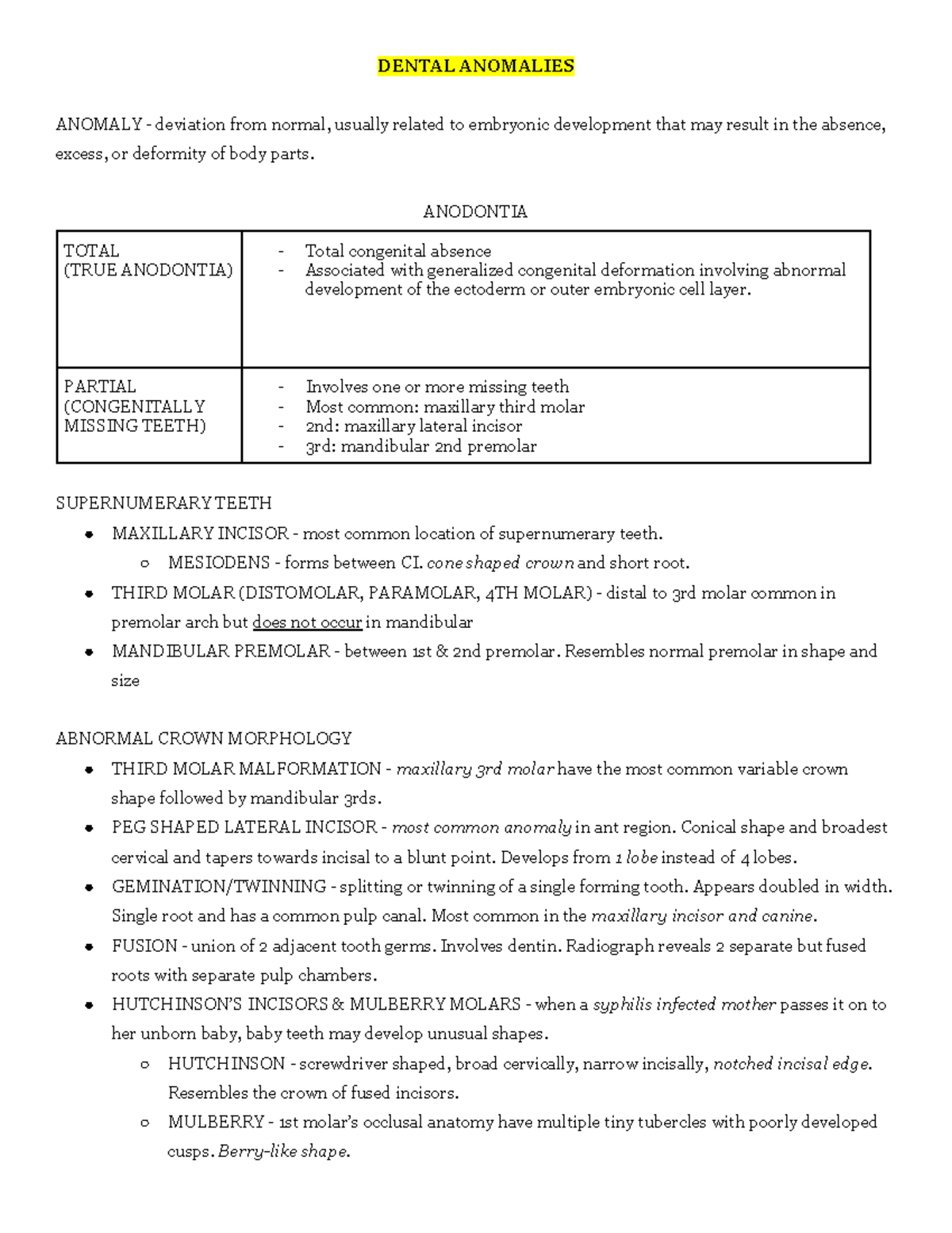 Oral Anatomy Dental Anomalies - DENTAL ANOMALIES ANOMALY - deviation ...