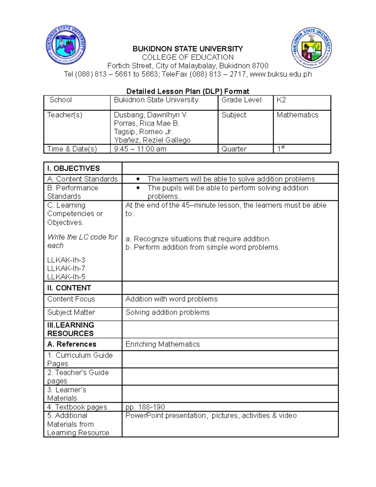 Lp-Math-K2 - Math Lp - BUKIDNON STATE UNIVERSITY COLLEGE OF EDUCATION ...
