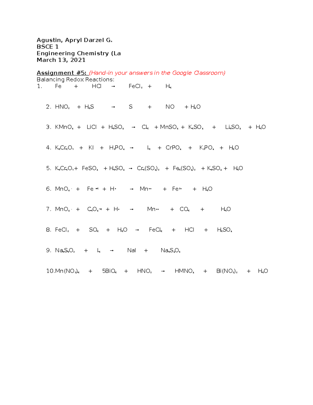 Engg Chem Lab Assign 5 Redox - Agustin, Apryl Darzel G. Bsce 1 