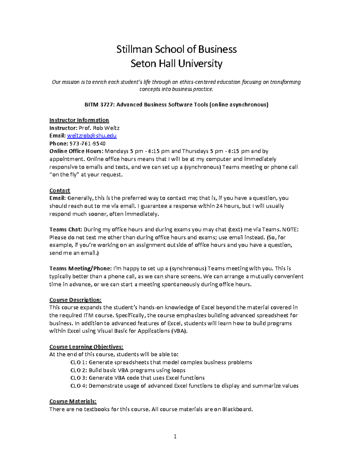 BITM 3727 Syllabus Fall-2022 - Stillman School of Business Seton Hall ...