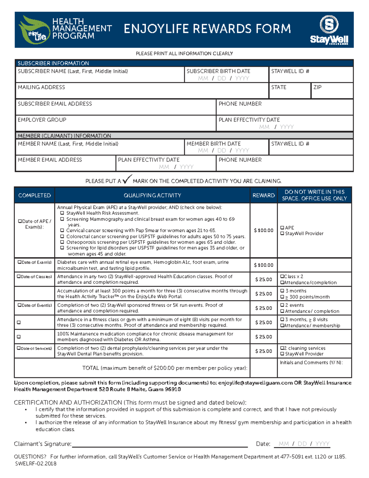 Enjoylife rewards form 2019 0118 - SUBSCRIBER INFORMATION SUBSCRIBER ...