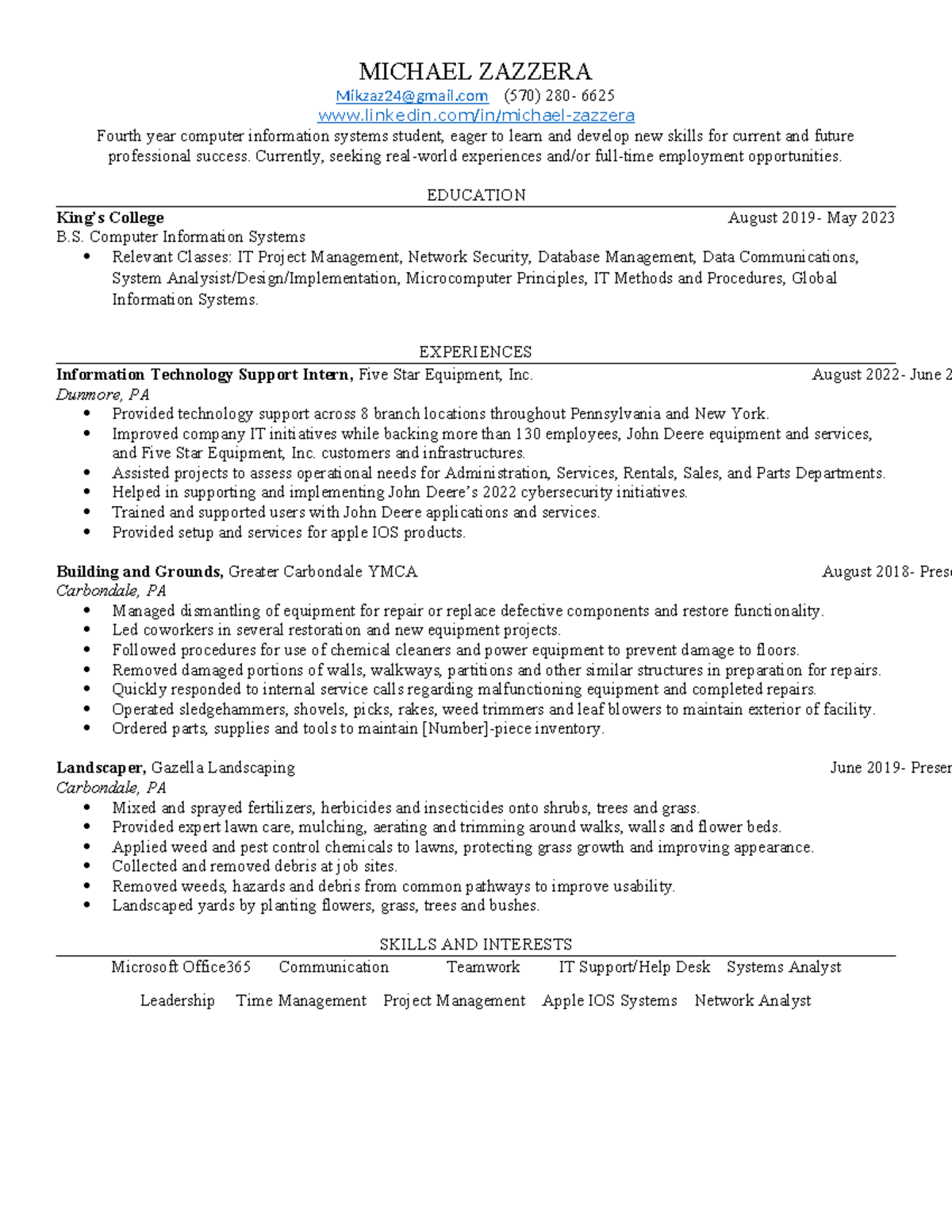 M.Zazzera Resume 11 - Document - MICHAEL ZAZZERA Mikzaz24@gmail (570 ...