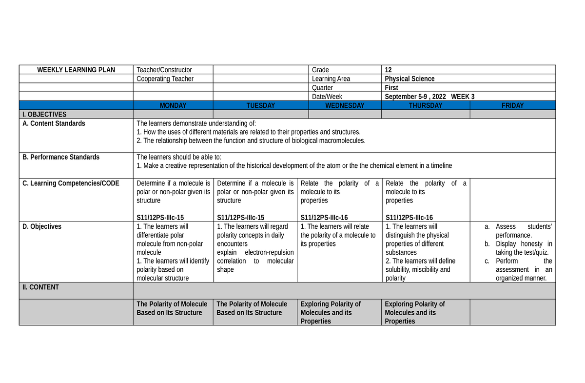 Physical Science DLP Q1W2 - WEEKLY LEARNING PLAN Teacher/Constructor ...