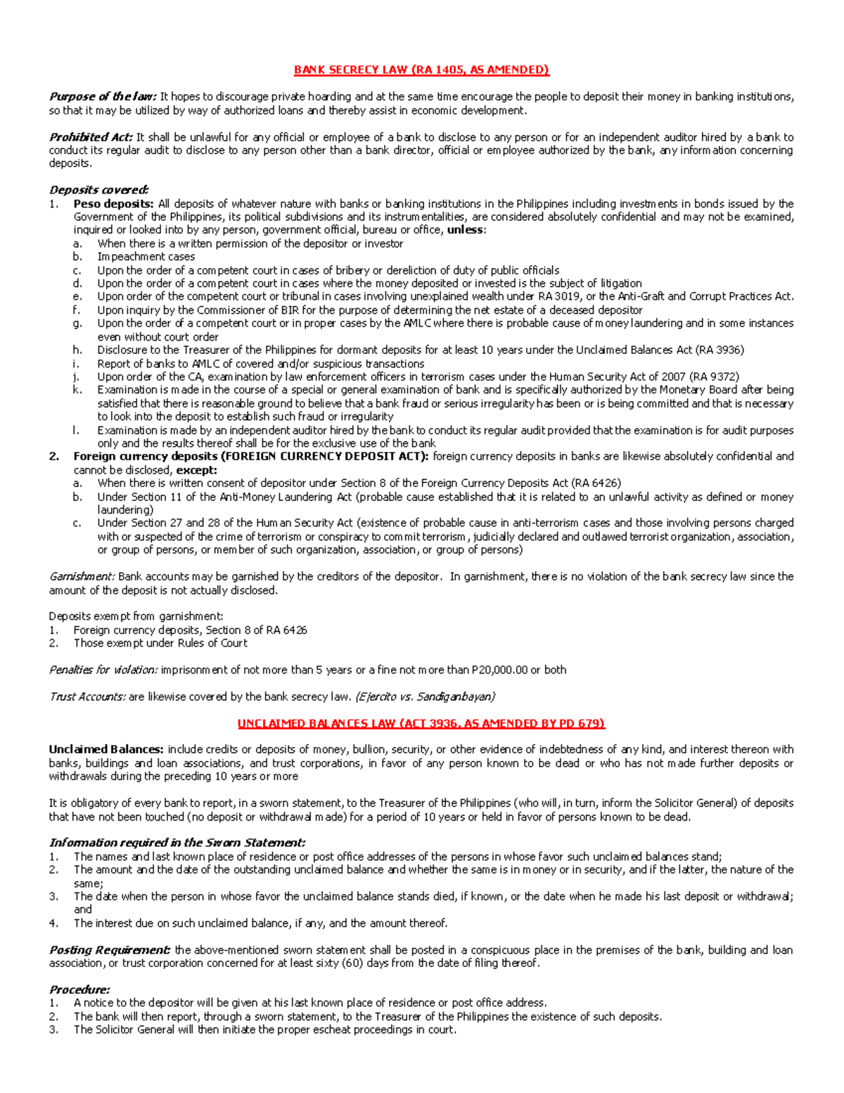 LAW Banking Laws BANK SECRECY LAW RA 1405 AS AMENDED Purpose Of