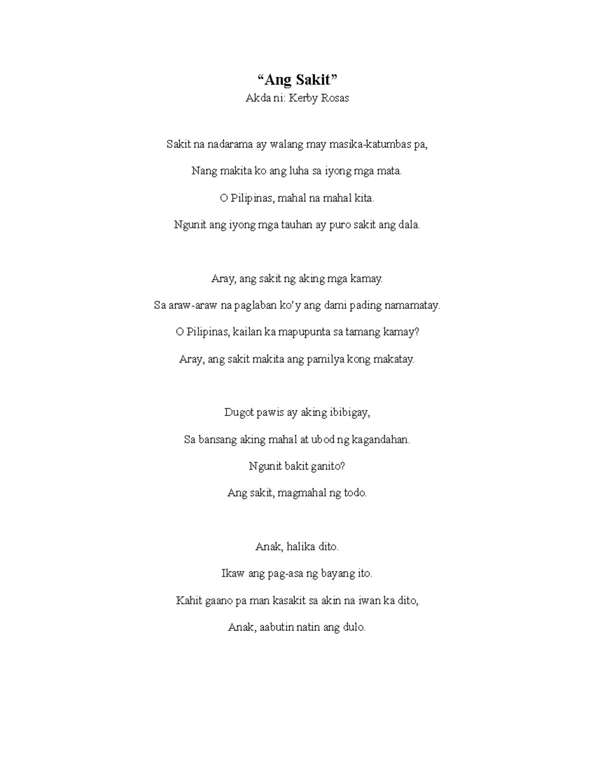 TULAAAAAAAAAAAAAAAAAAAAAAA - “Ang Sakit” Akda ni: Kerby Rosas Sakit na ...