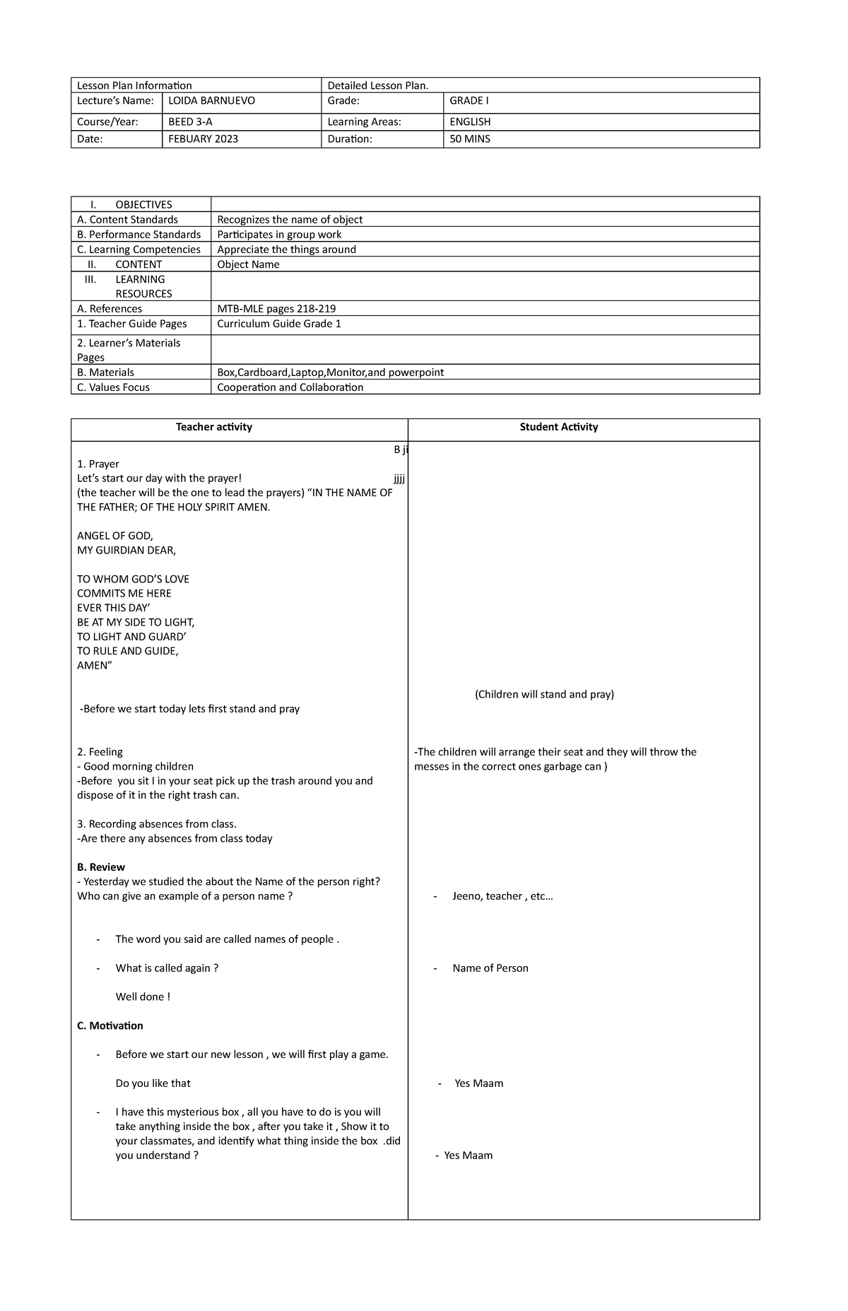 LESSSON PLAN - Lesson Plan Information Detailed Lesson Plan. Lecture’s ...