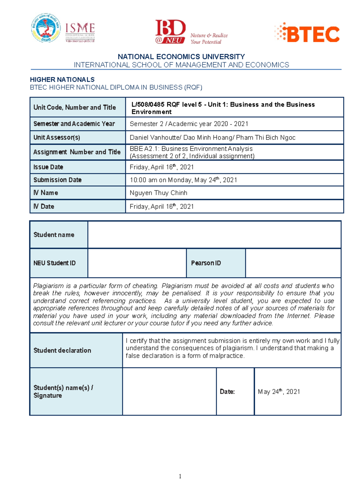 BBE Assignment Brief A2.1 Spring 2021 - NATIONAL ECONOMICS UNIVERSITY ...