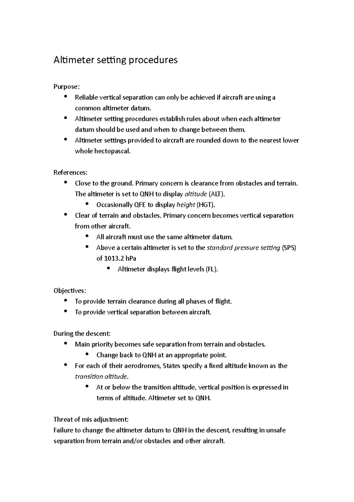 Altimeter setting procedures Altimeter setting procedures Purpose