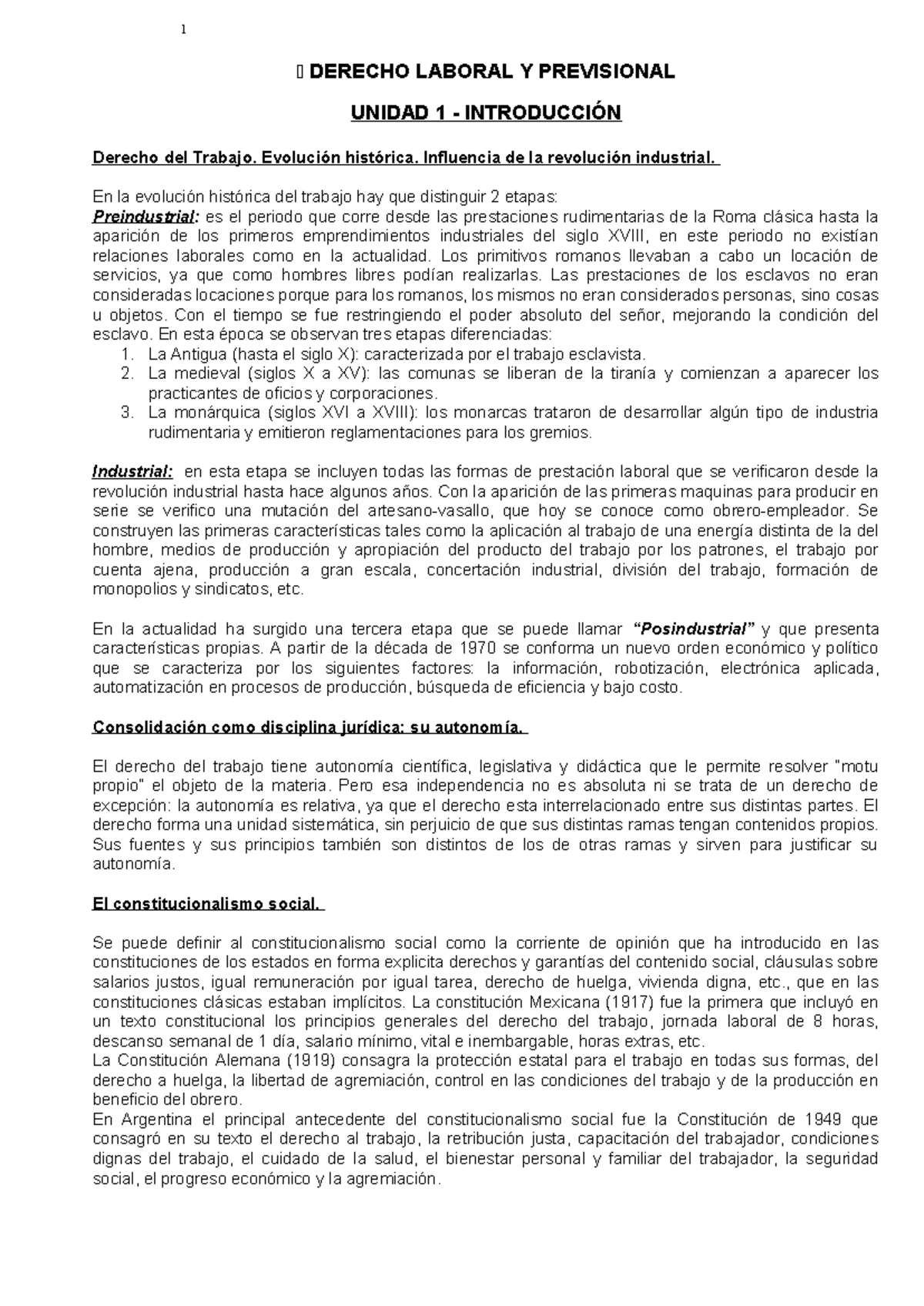 Primer Parcial laboral - DERECHO LABORAL Y PREVISIONAL UNIDAD 1 ...