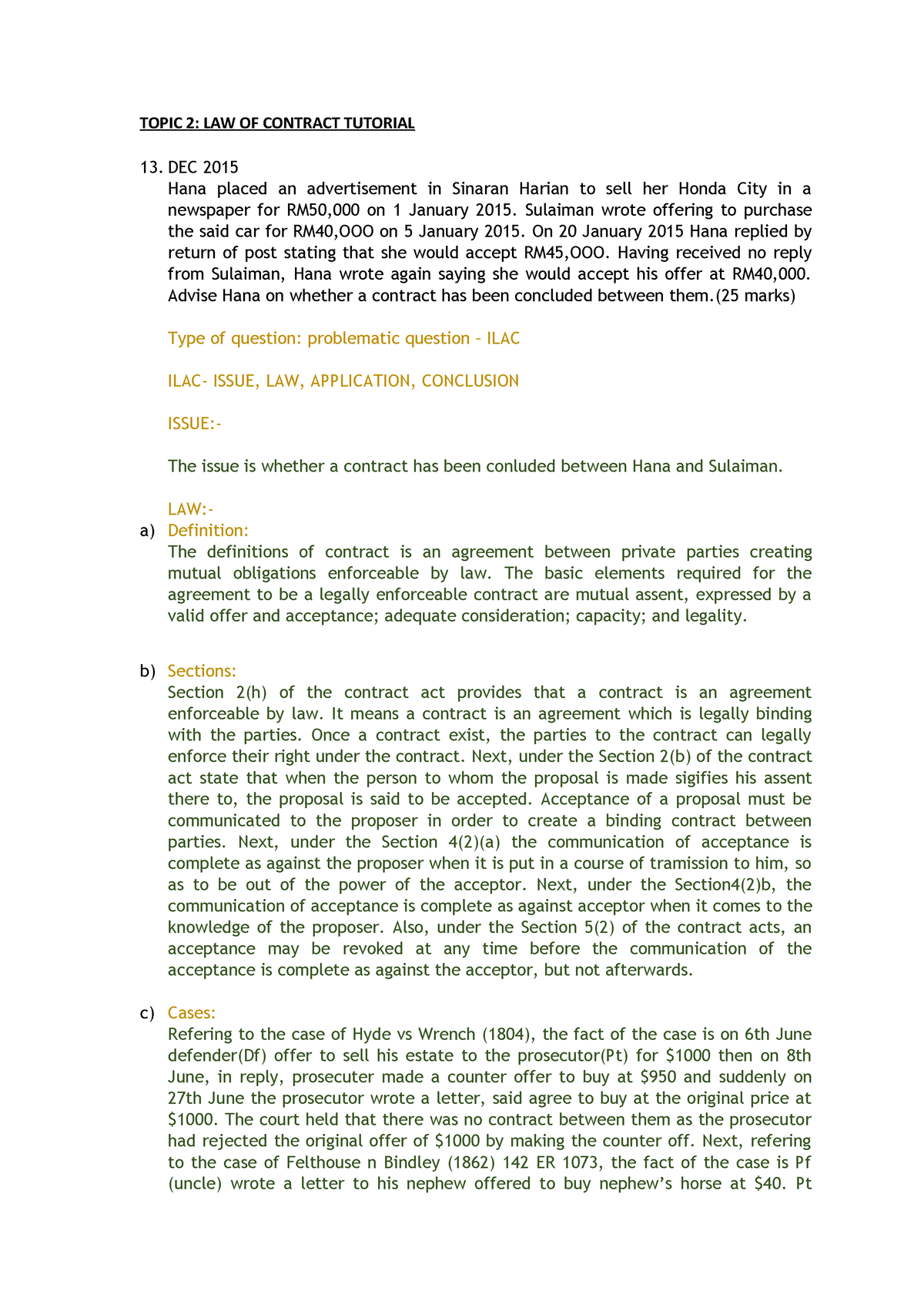 Tutorial Q13-LAW OF Contract (1) Business Law - TOPIC 2: LAW OF ...