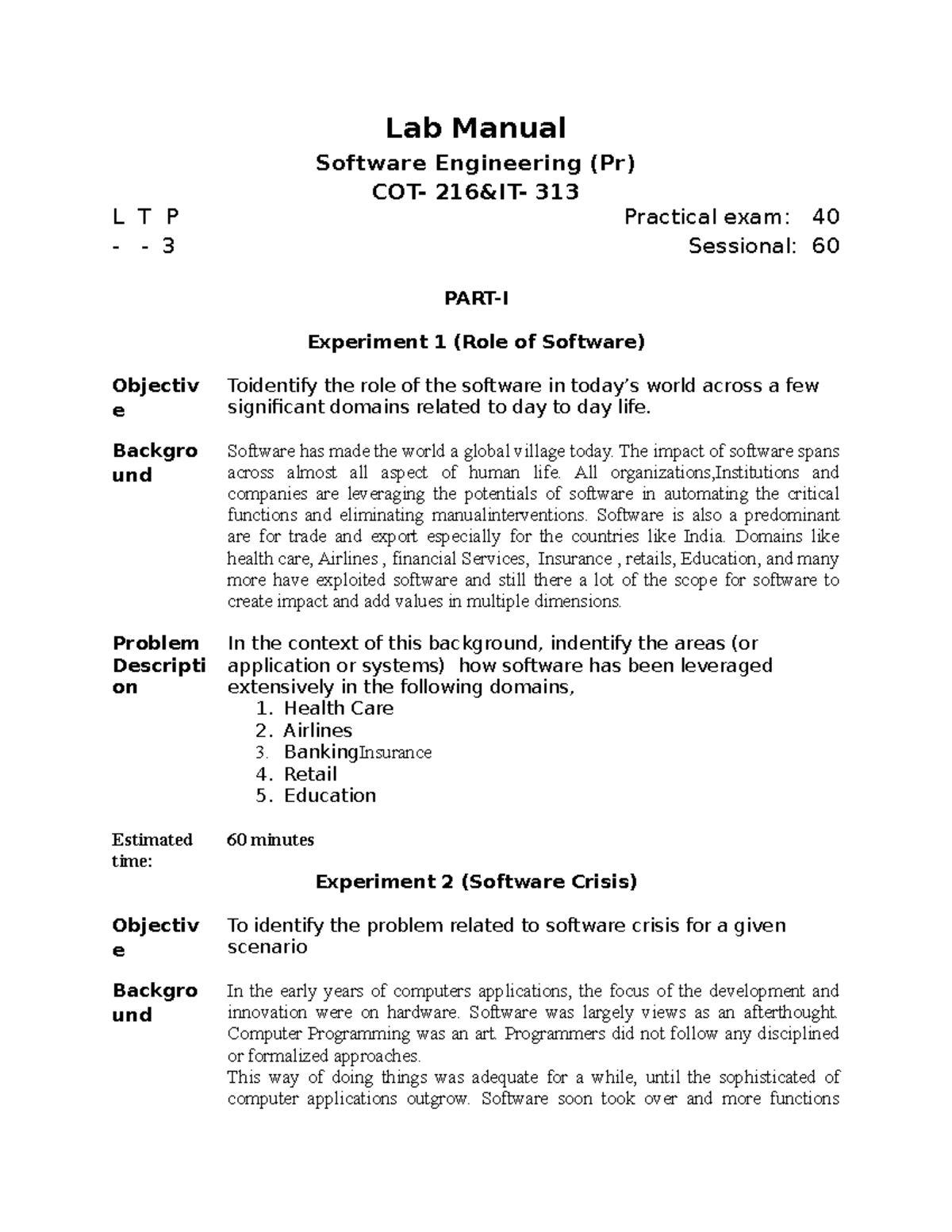 COT216 and IT313 Software Engg Lab questions Lab Manual Software