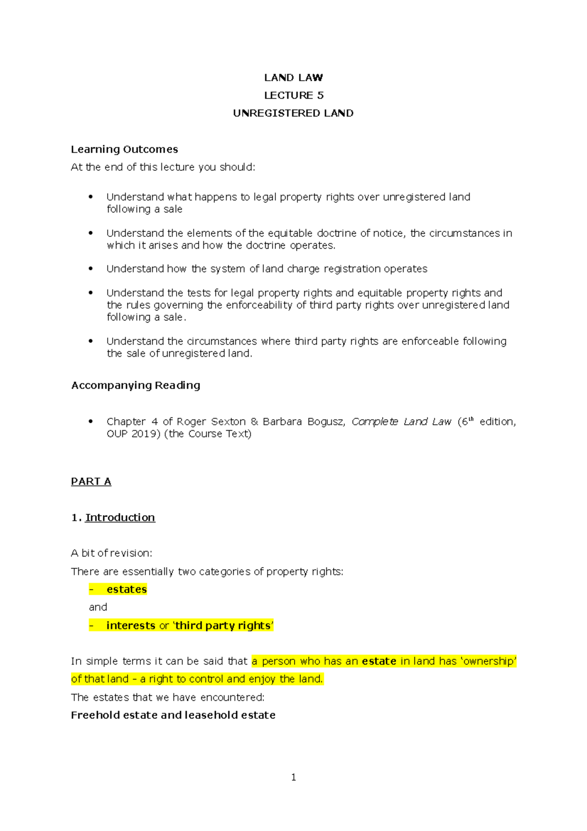 L5 Unregistered Land - lecture notes - LAND LAW LECTURE 5 UNREGISTERED ...
