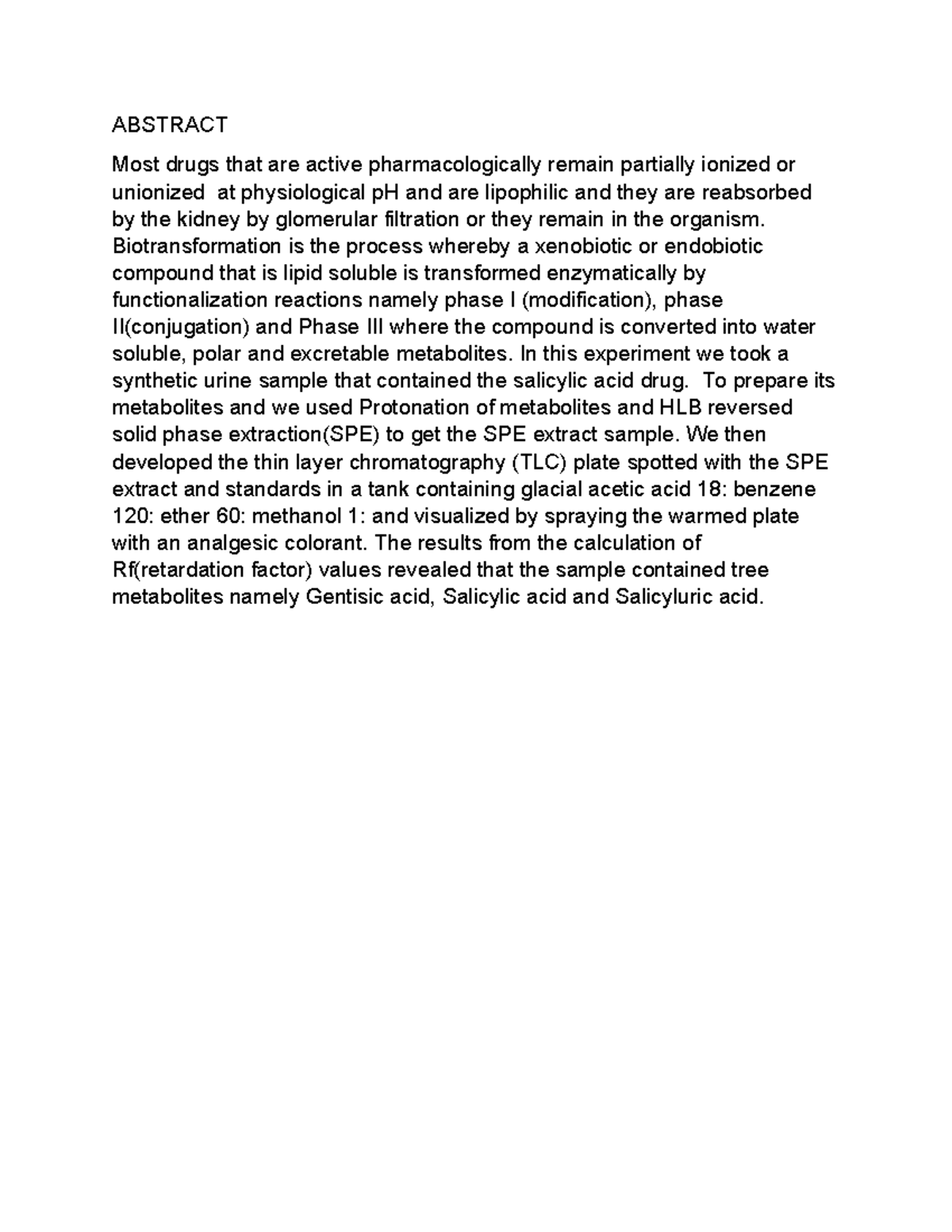 Biochem metabolites report - ABSTRACT Most drugs that are active ...