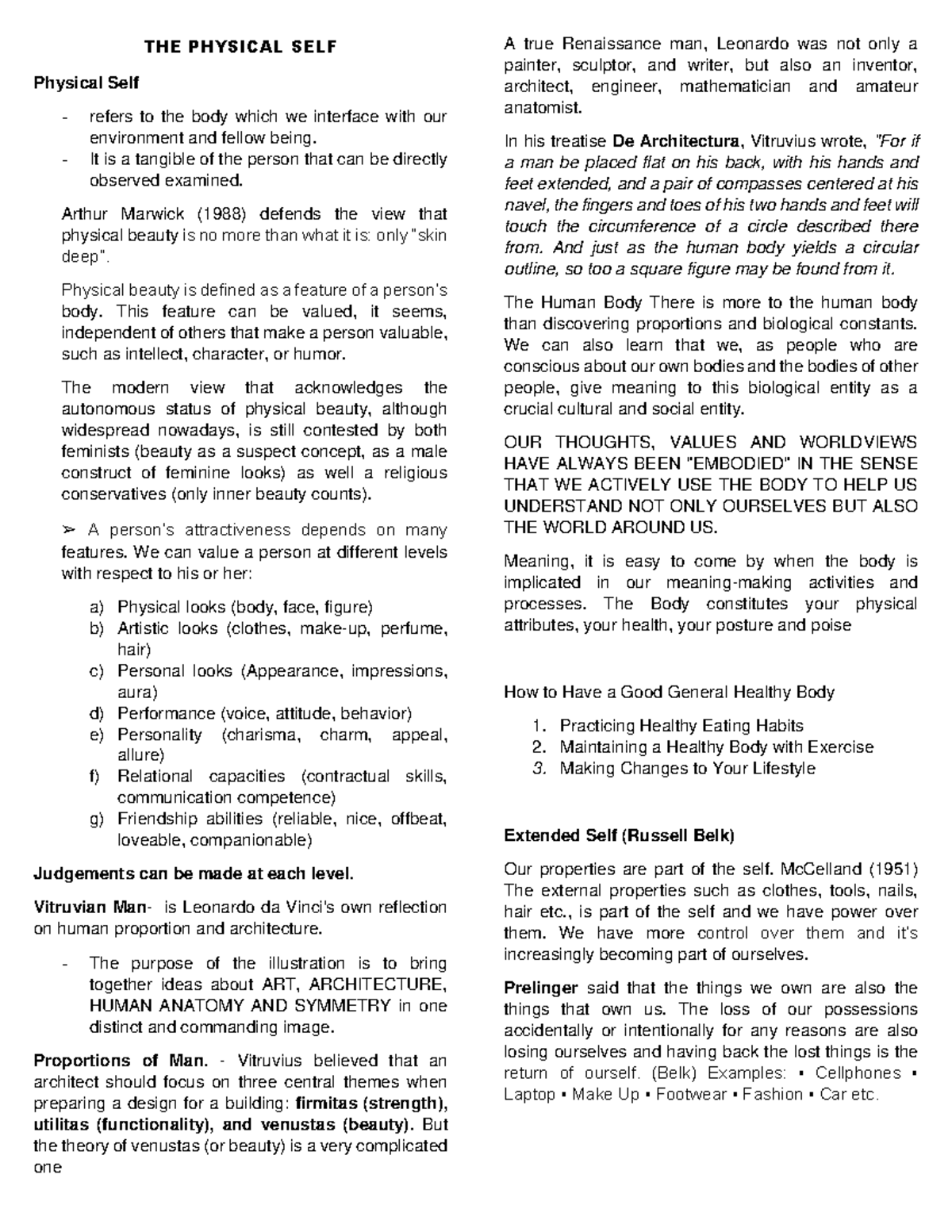 UTS Physical and sexual self - THE PHYSICAL SELF Physical Self refers ...