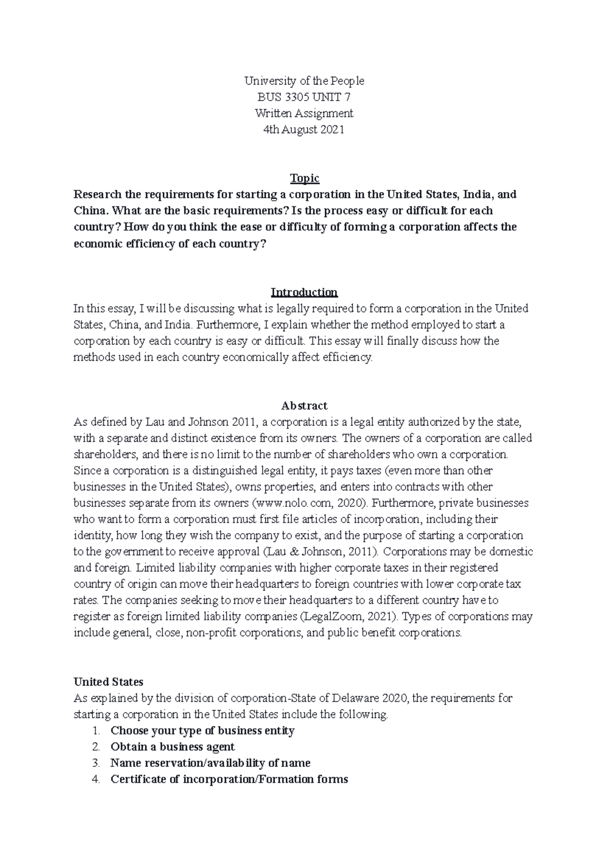 Written BUS 3305 7 Business Law and Ethics - University of the People ...