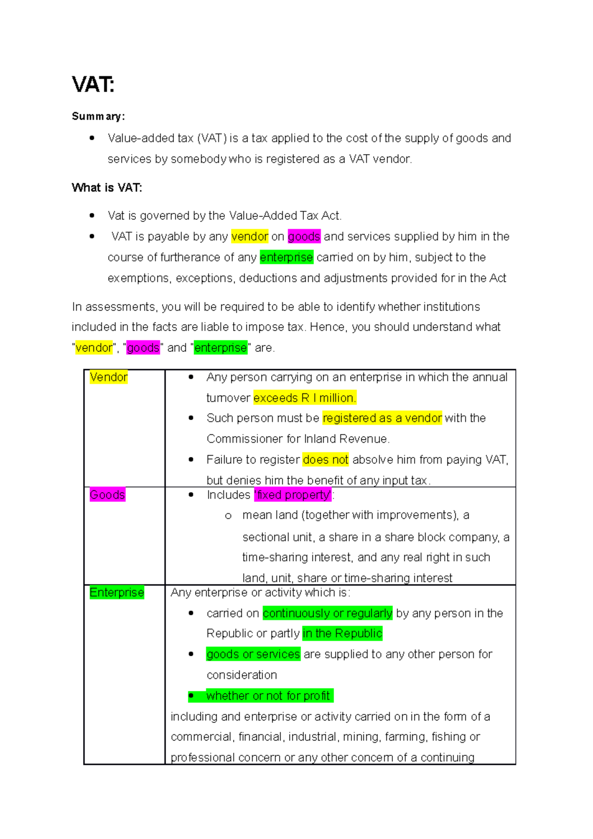 VAT Commercial law building displines VAT Summary Valueadded tax