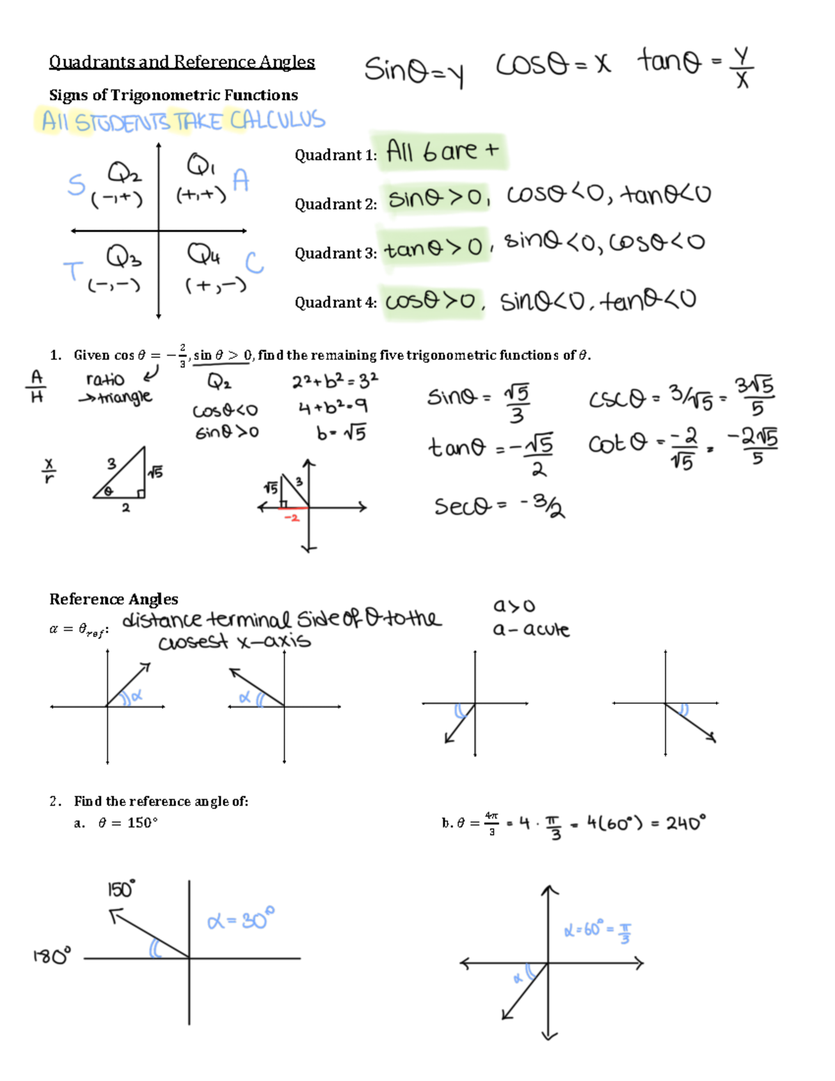 W3+V1+Quadrants+and+Reference+Angles - Quadrants and Reference Angles ...