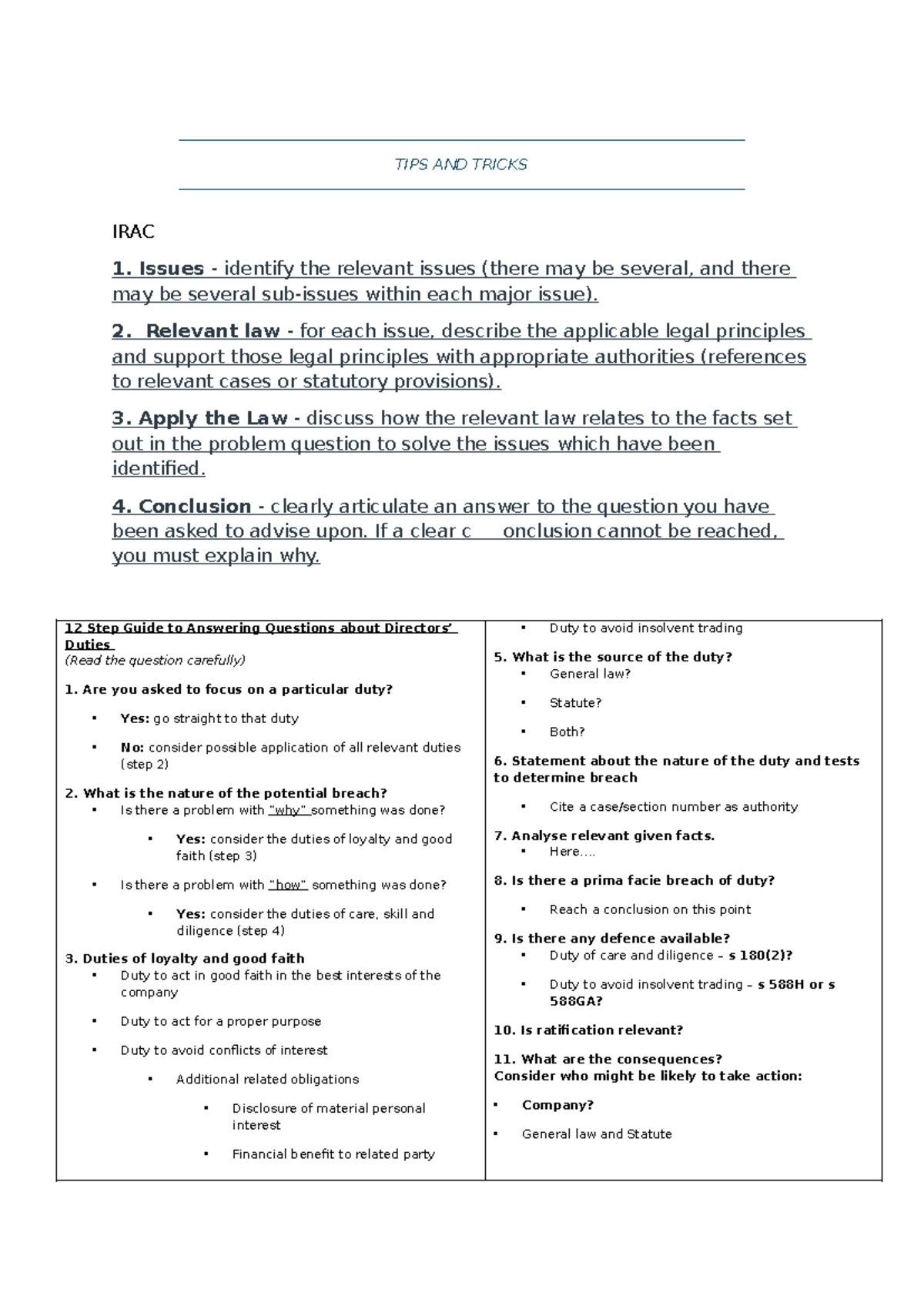 CLAW1003 Notes - TIPS AND TRICKS IRAC 1. Issues - identify the relevant ...