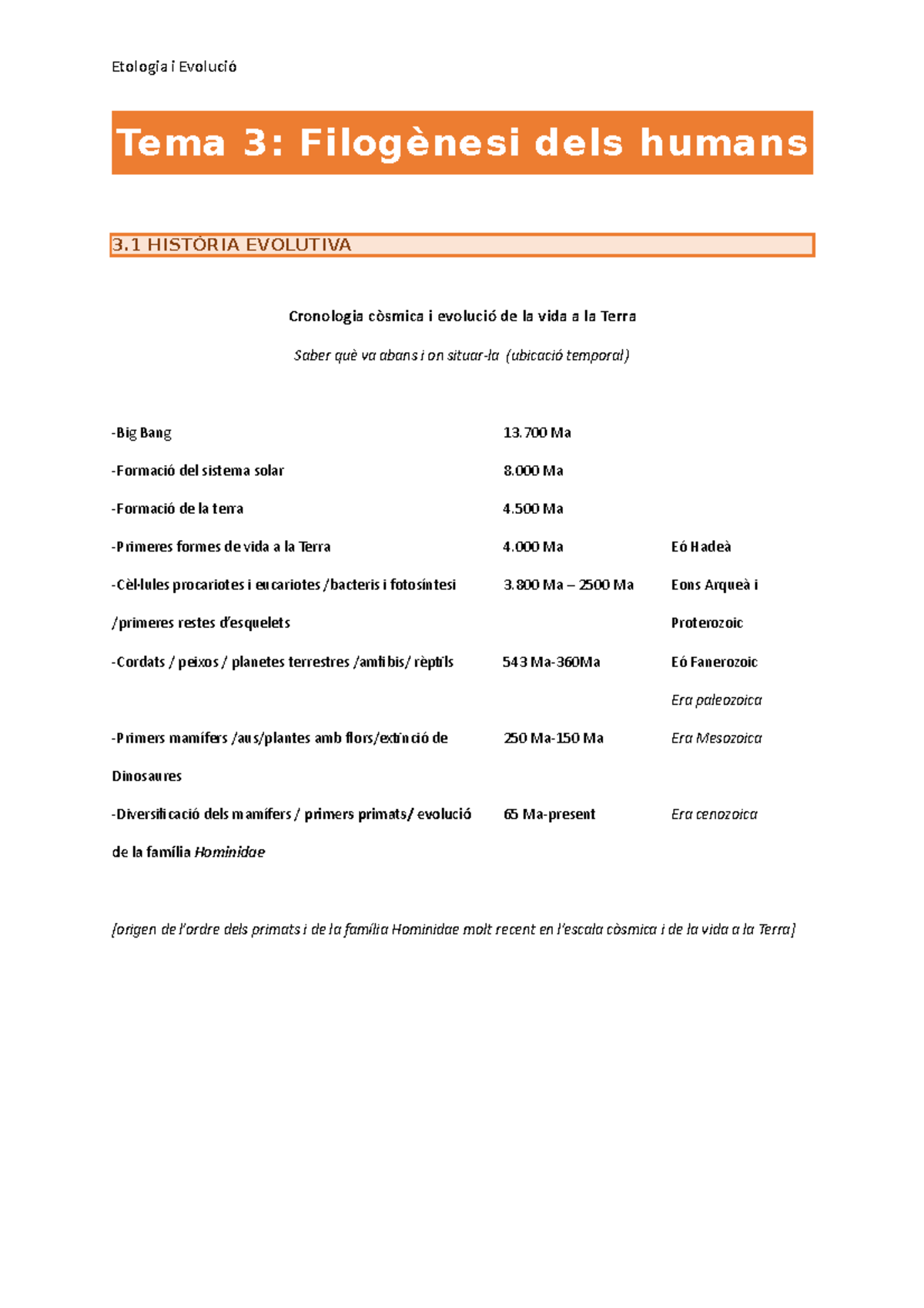 Apunts Tema 3- Filogènesi Dels Humans - Etologia I Evolució De La ...