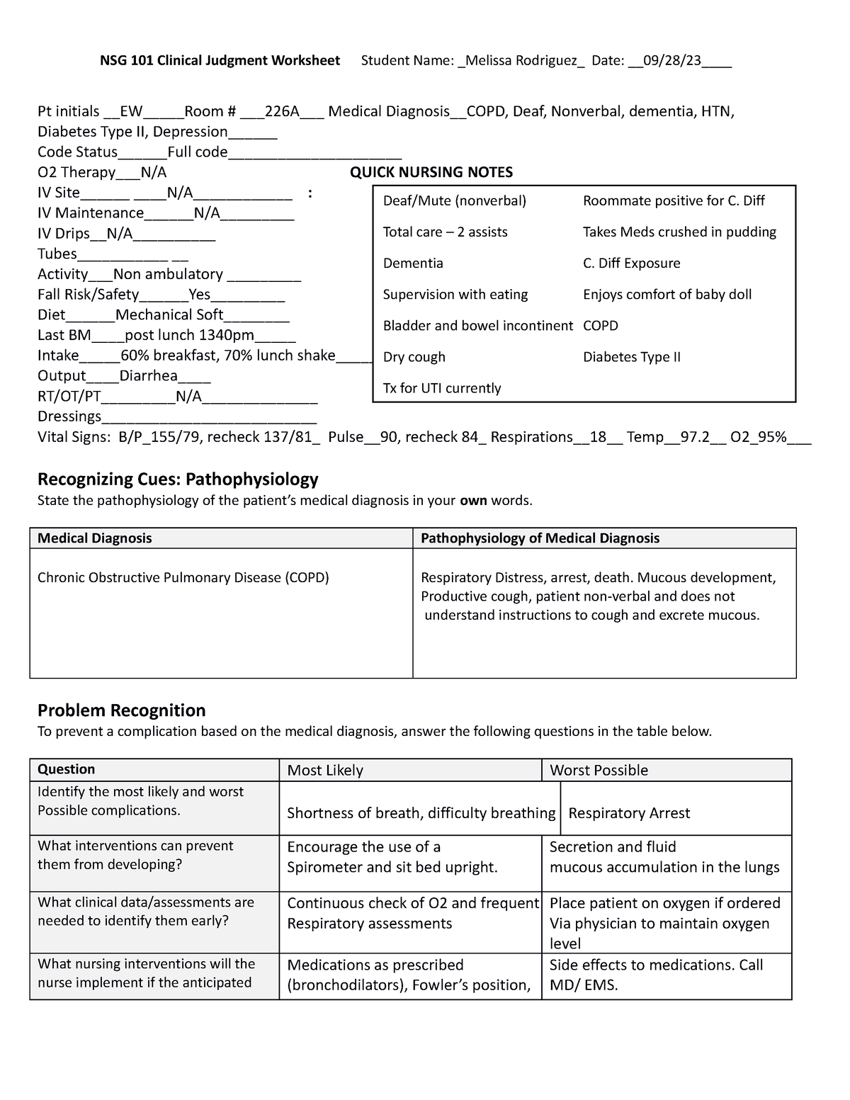 NSG 101- Clinical Judgment Paperwork - NSG 101 Clinical Judgment ...