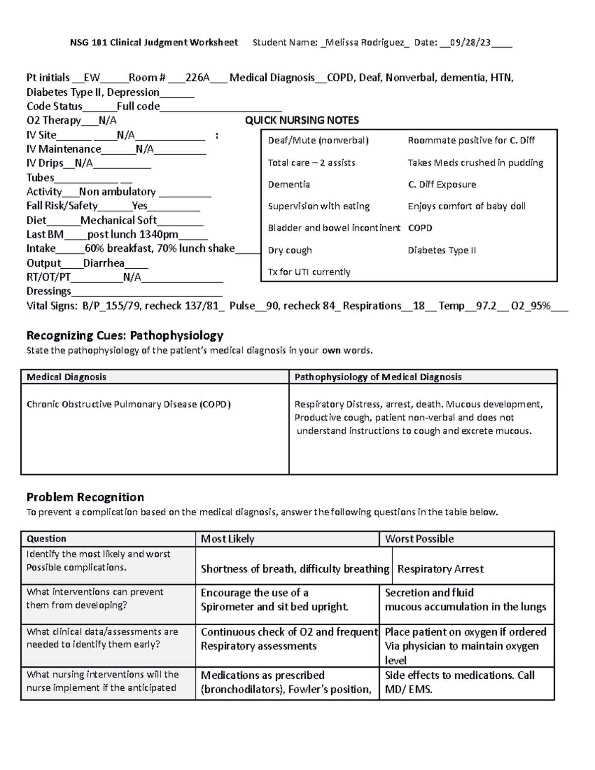 NSG 101- Clinical Judgment Paperwork - NSG 101 Clinical Judgment ...