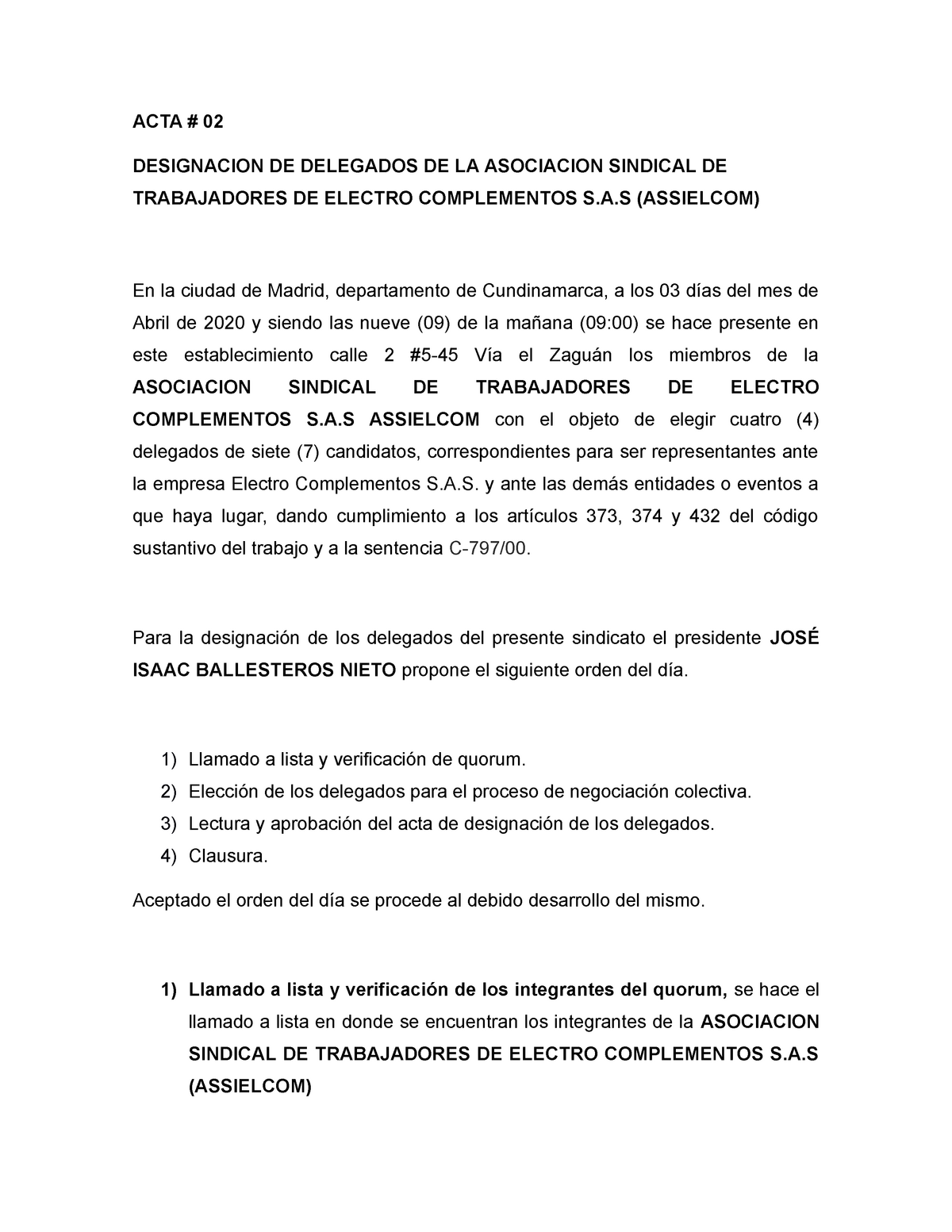 Acta Delegados Acta 02 Designacion De Delegados De La Asociacion