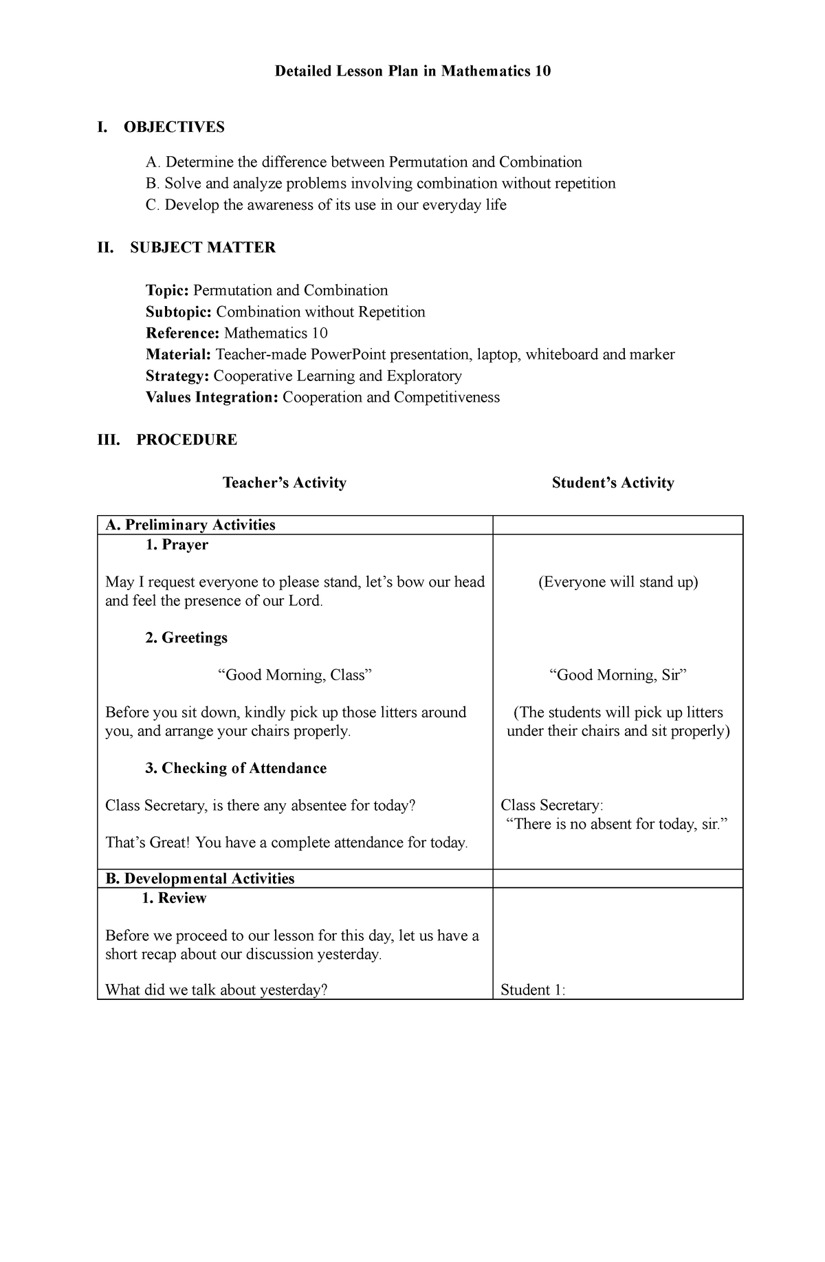 Permutation and Combination LESSON PLAN - Detailed Lesson Plan in ...