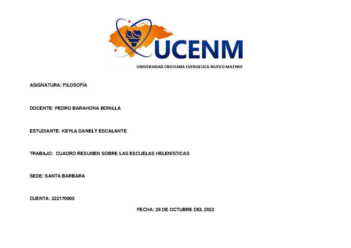 Cuadro Resumen Escuelas Helenisticas Universidad Cristiana Evengelica Nuevo Milenio Asignatura