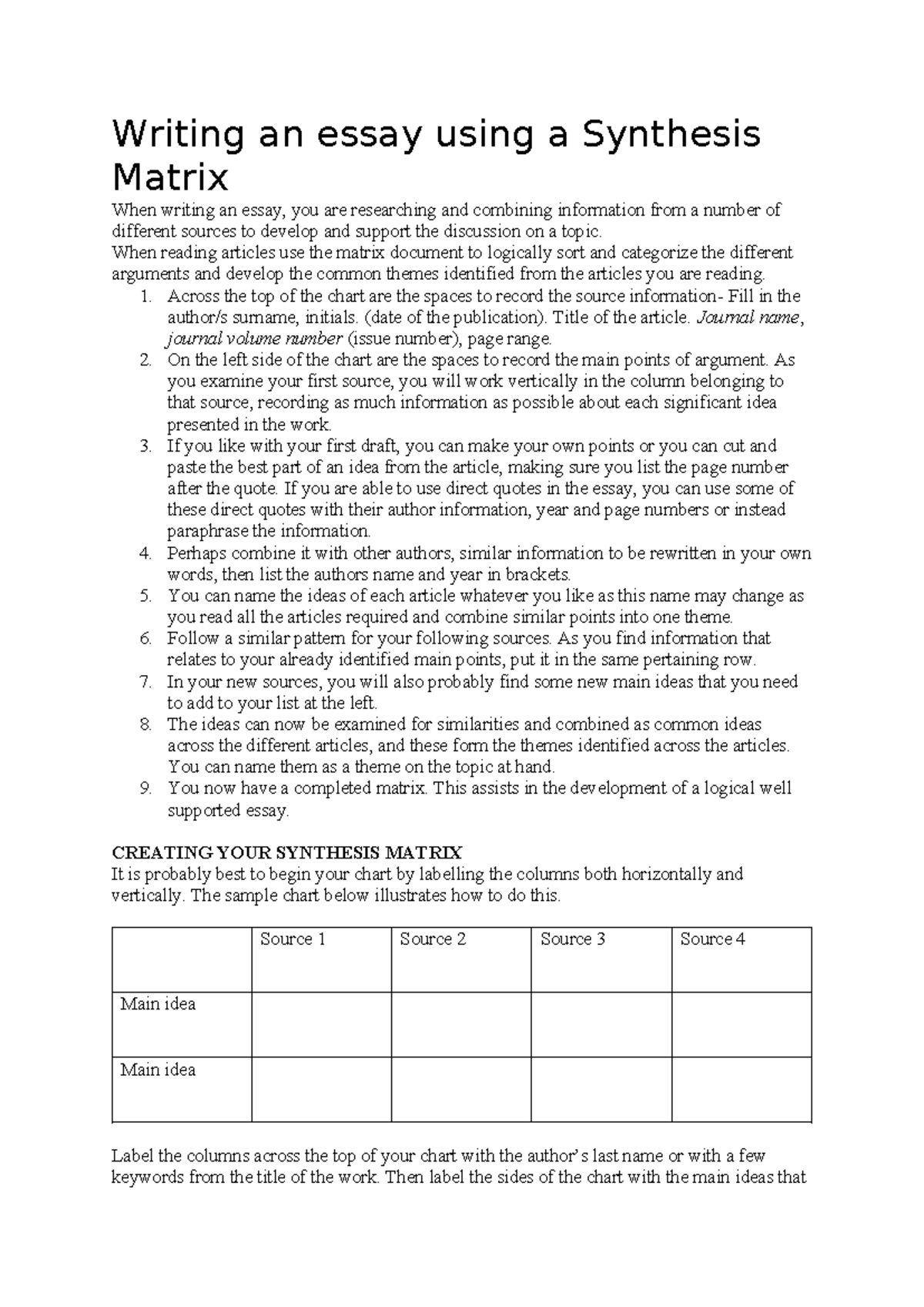 regarding objectives - Writing an essay using a Synthesis Matrix When ...