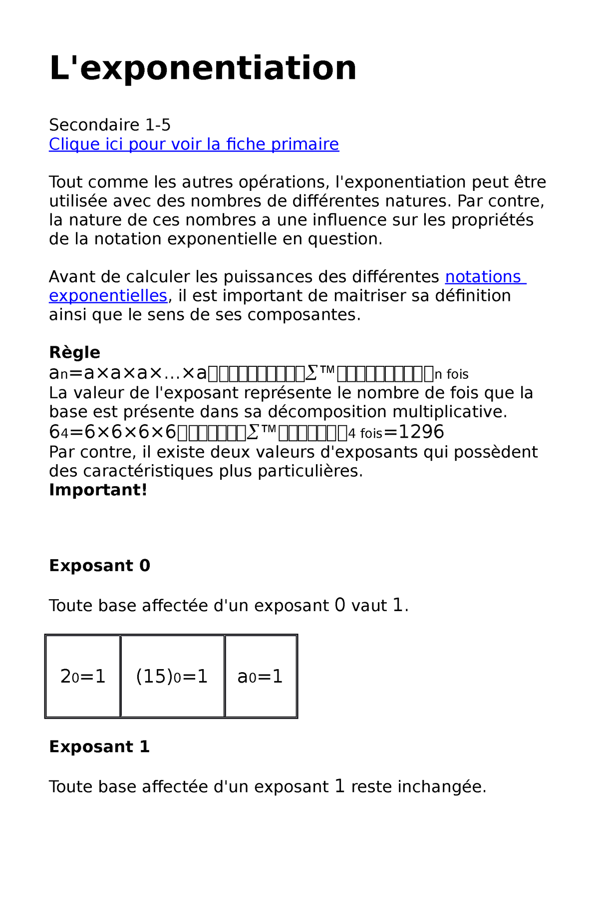 Exponentiation - L'exponentiation Secondaire 1- Clique ici pour voir la ...