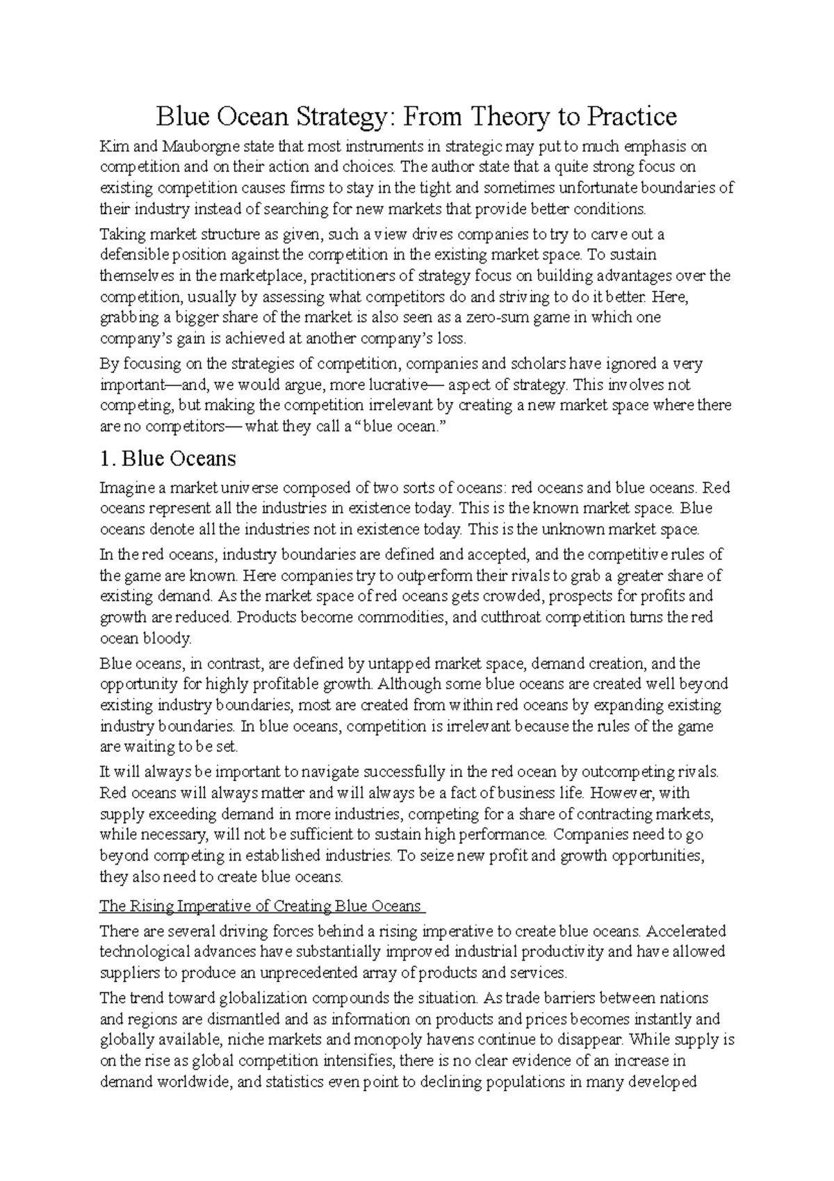 Blue Ocean Strategy Zusammenfassung Blue Ocean Strategy From Theory