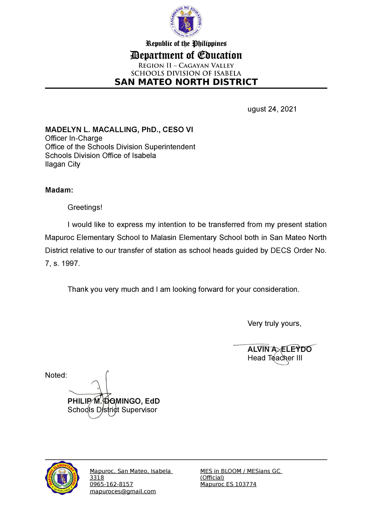 Letter of Intent to transfer - SAN MATEO NORTH DISTRICT ugust 24, 2021 ...