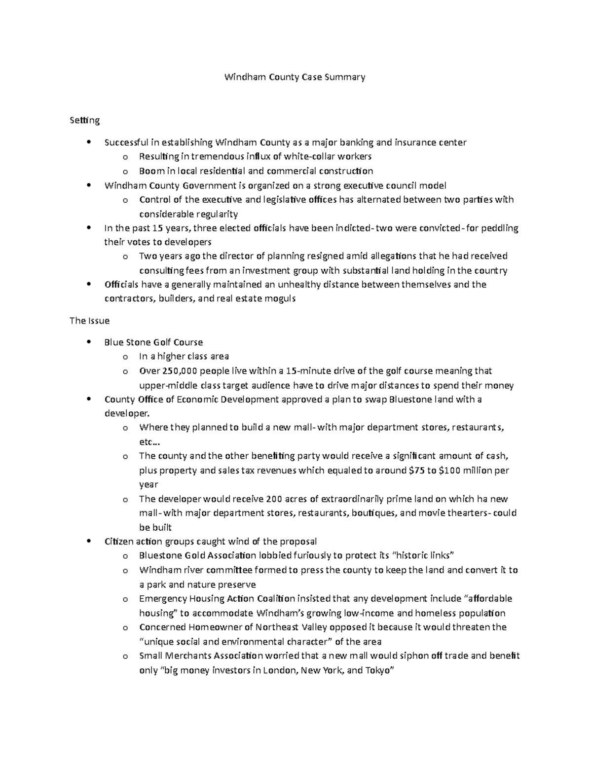 Windham County Case Summary Windham County Case Summary Setting