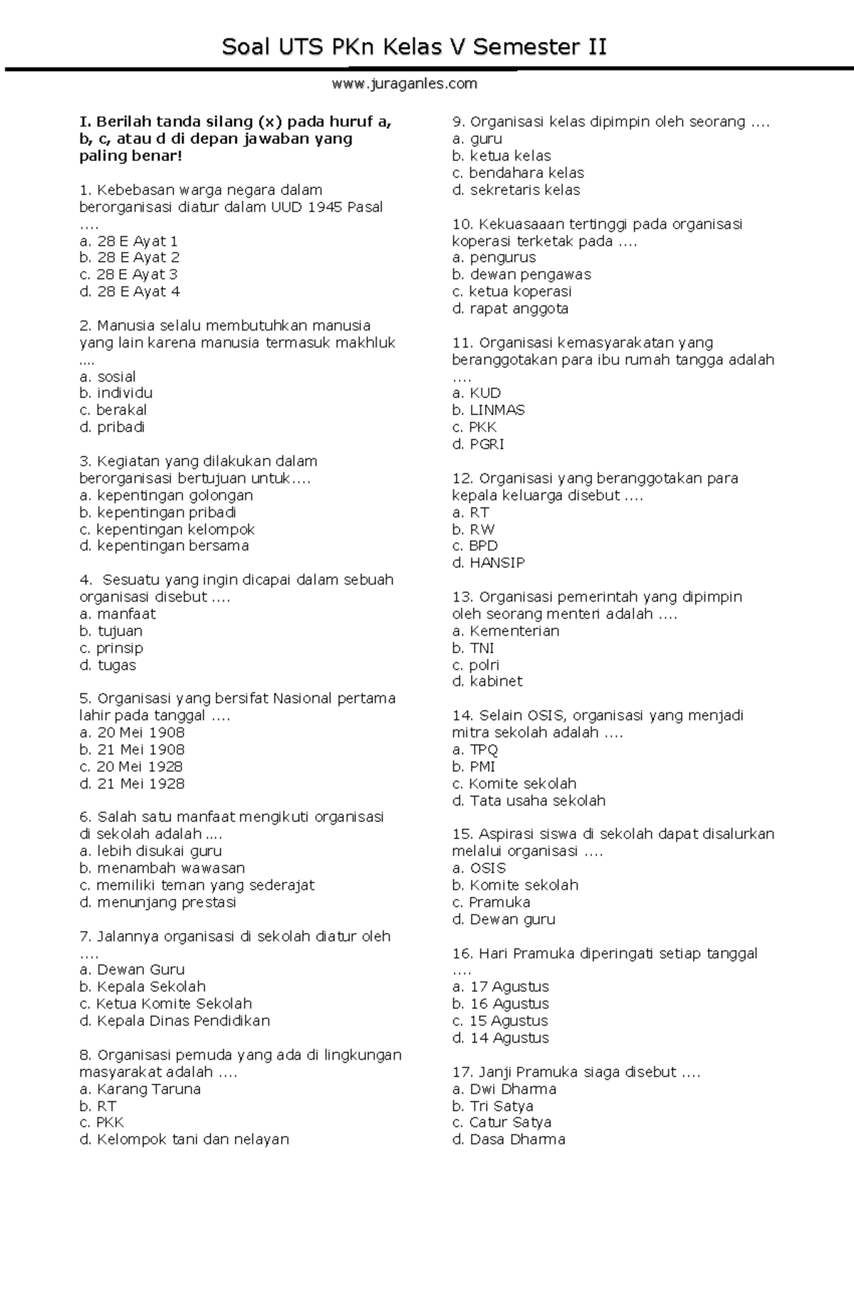 Soal UTS PKN Kelas 5 Semester 2 - I. Berilah Tanda Silang (x) Pada ...