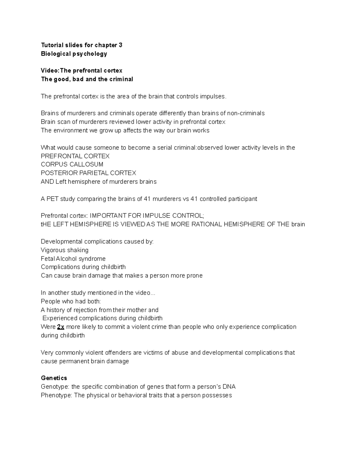 Phsycology notes - Tutorial slides for chapter 3 Biological psychology ...