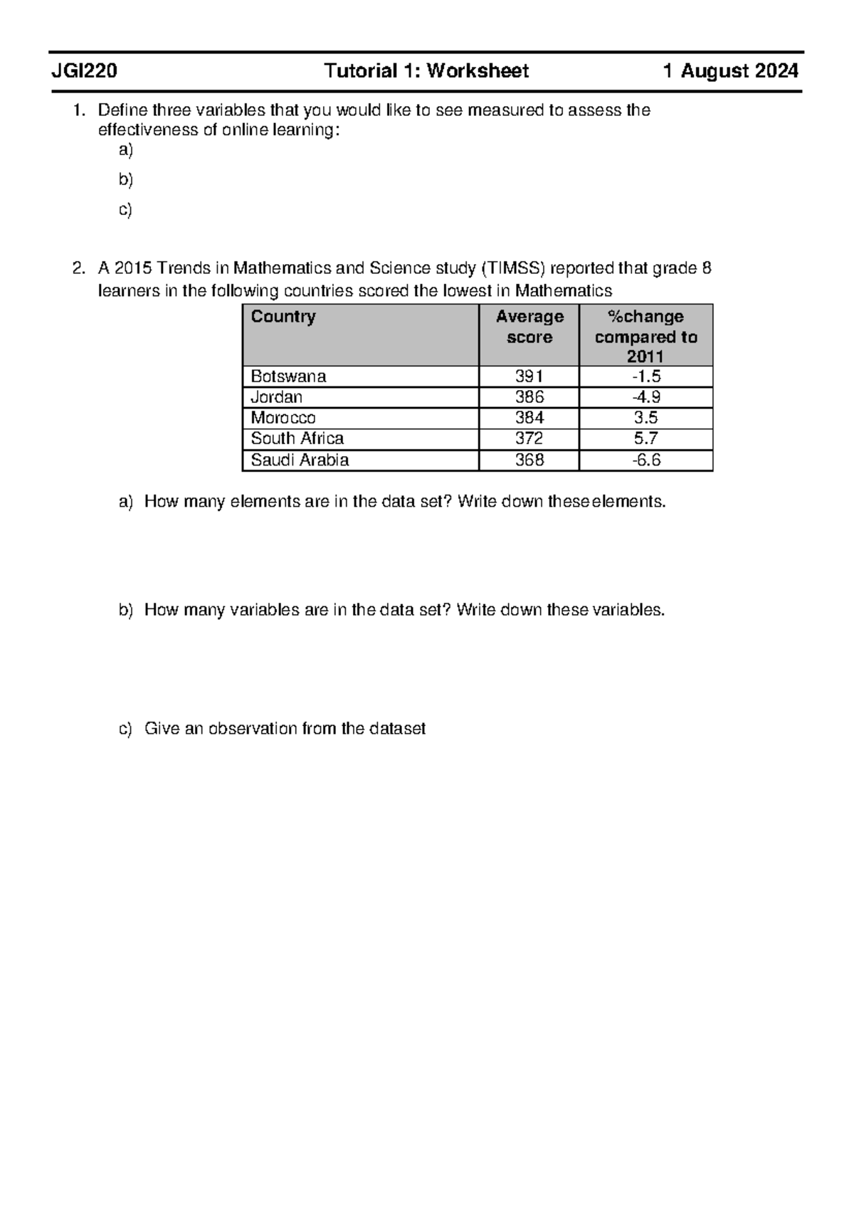 JGI220 - Tutorial 1 - Worksheet - 2024 - JGI220 Tutorial 1: Worksheet 1 ...