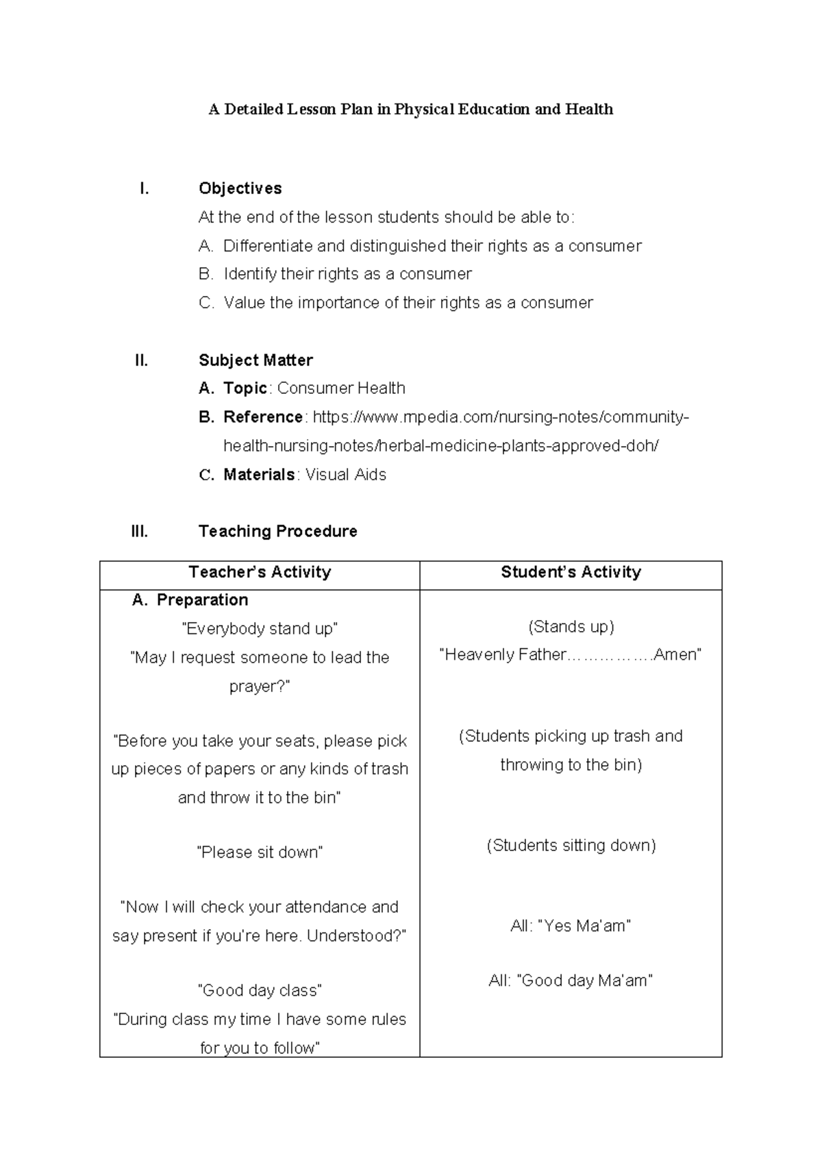 Consumer Health LP - not a perfect lesson plan - A Detailed Lesson Plan ...