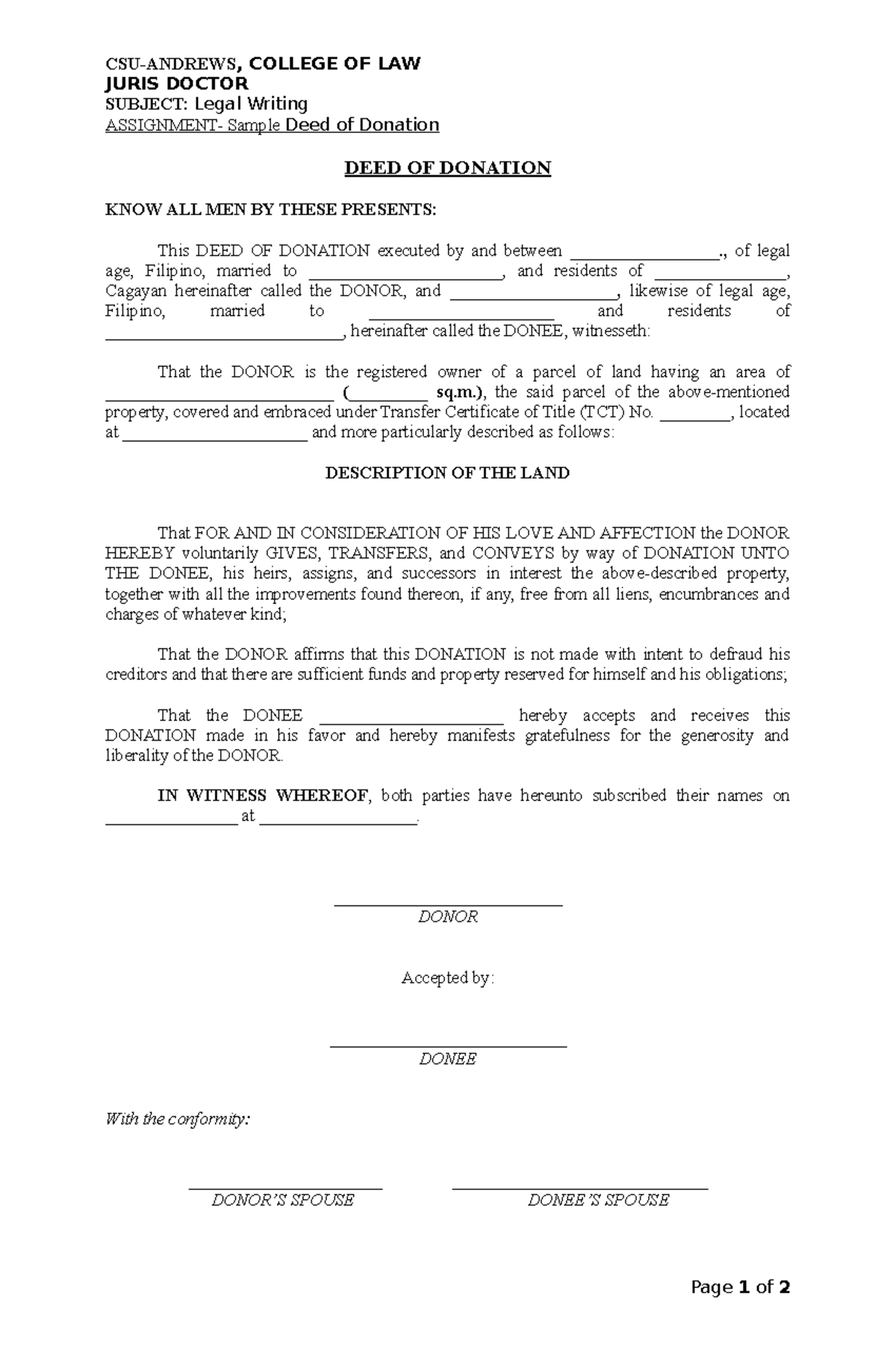 LAW-Sample Deed of Donation - Law Subject - Studocu