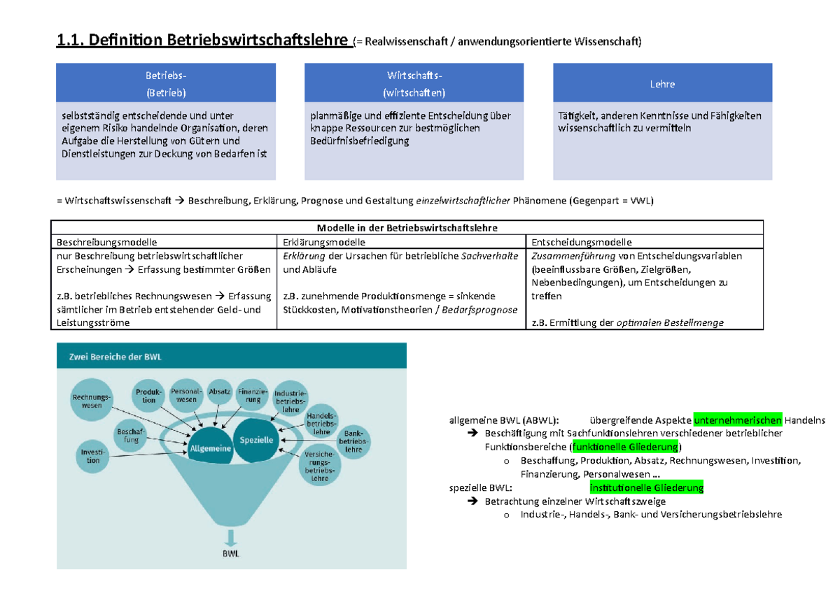 Zusammenfassung BWL01 - 1. Definition Betriebswirtschaftslehre ...