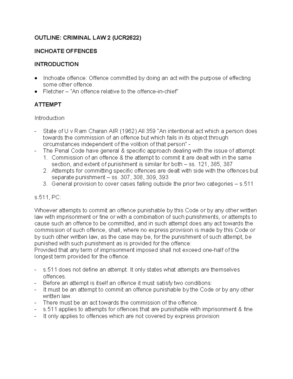 Outline - Attempt - Lecture Notes 2 - OUTLINE: CRIMINAL LAW 2 (UCR2622 ...