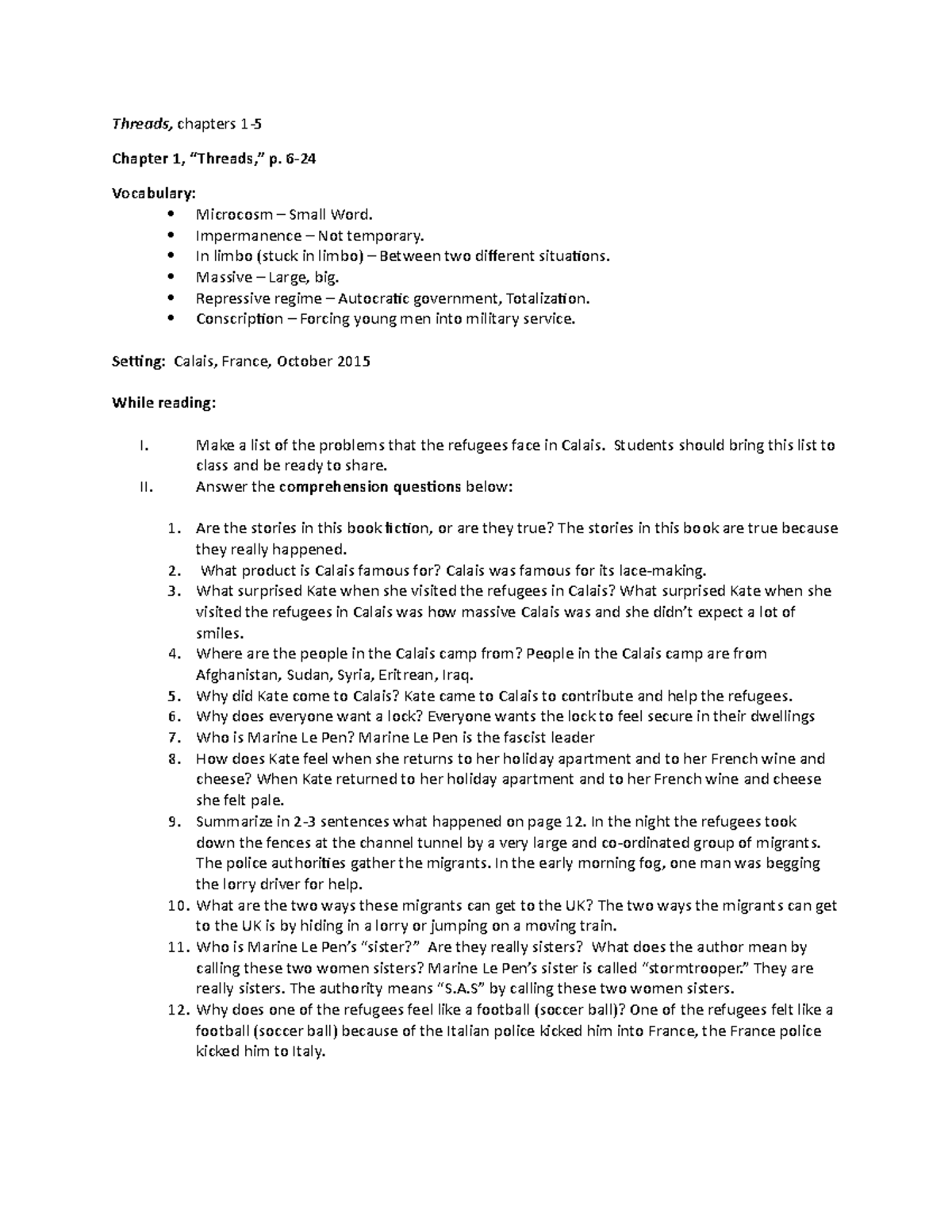 Threads guide questions for chapters 1-5 - Threads, chapters 1- Chapter ...