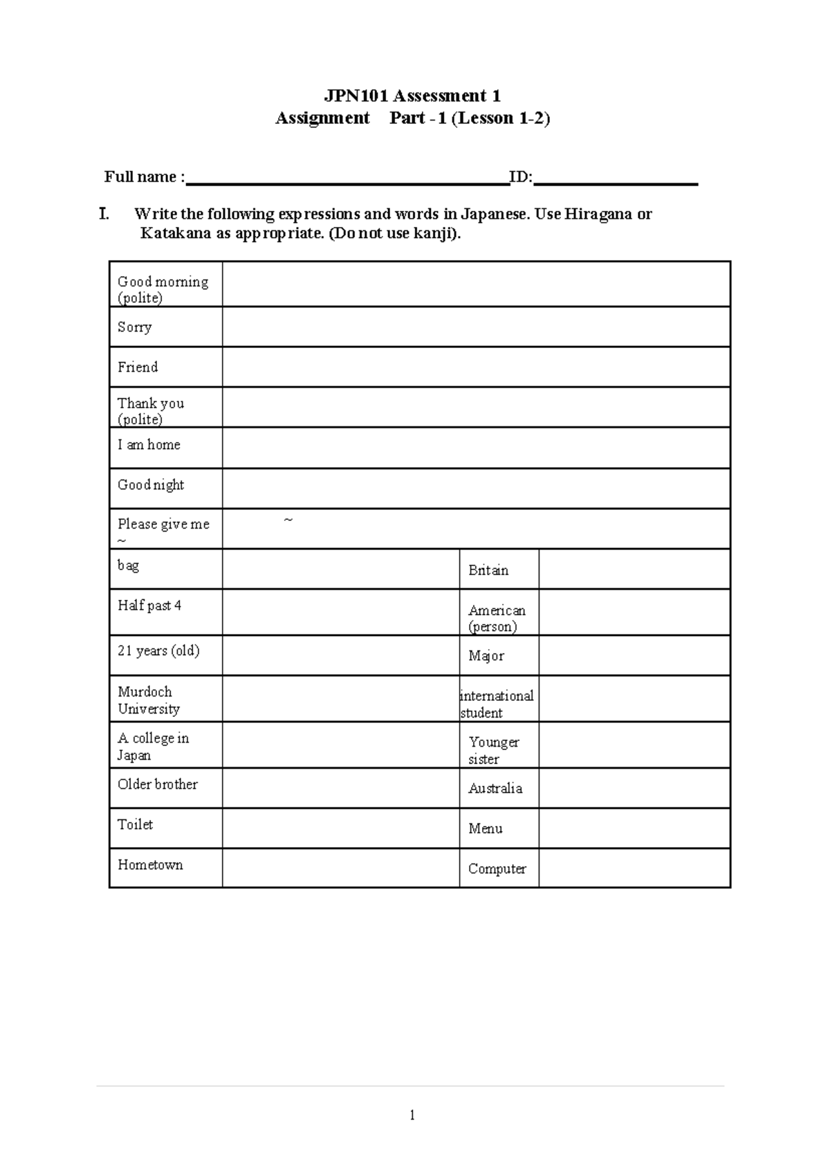 JPN101 Assignment Part 1 - 1 JPN101 Assessment 1 Assignment Part - 1 ...