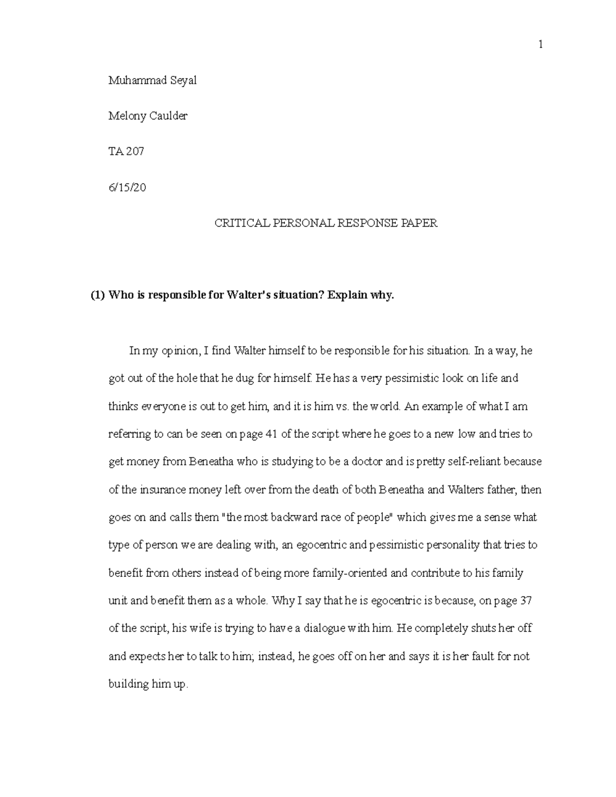 Critical Personal Response Paper Summer 2020 Session 1 - Muhammad Seyal ...